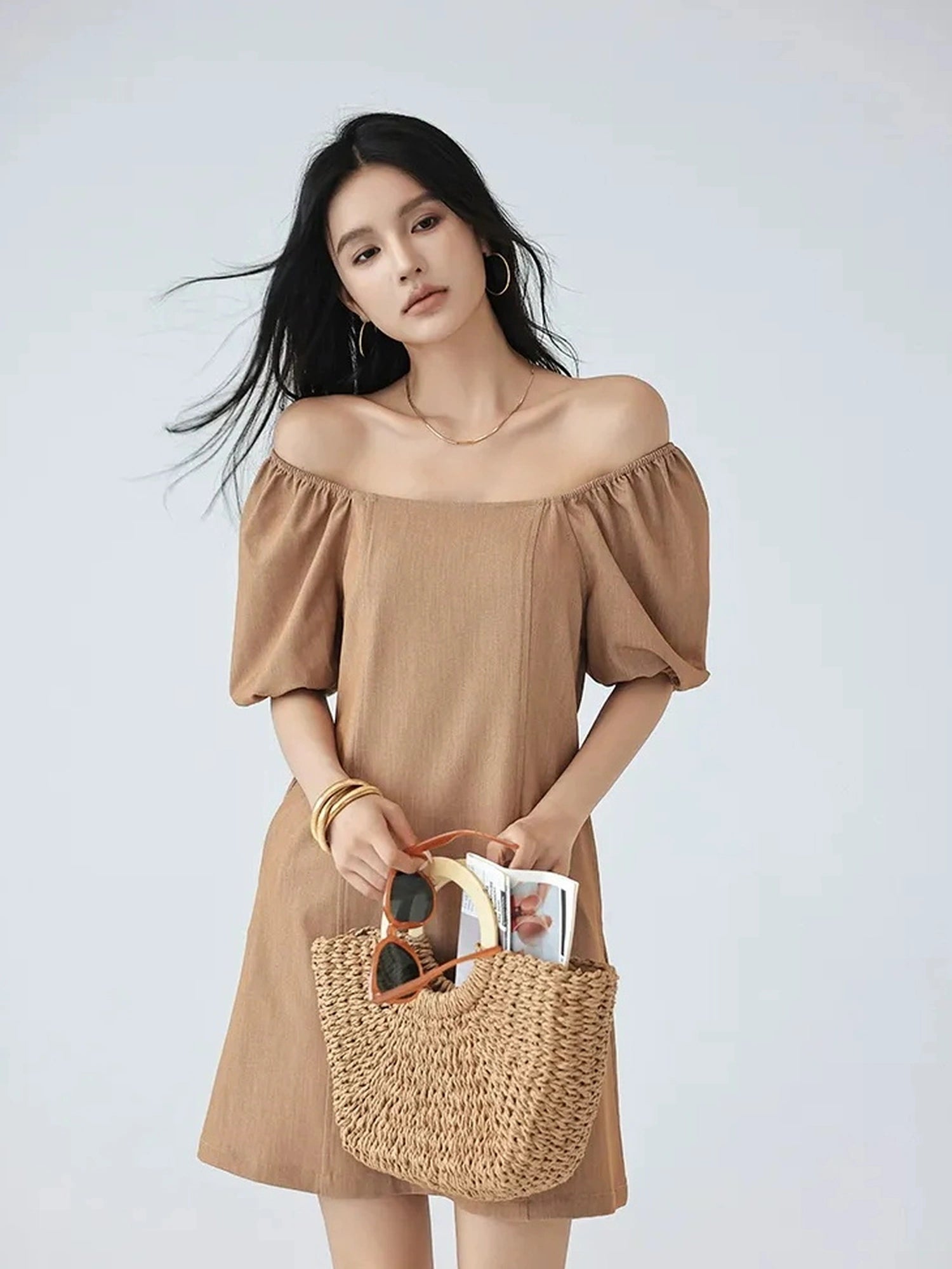 FU FRESH UP French Vintage Square Neckline Puff Sleeve Denim Dress