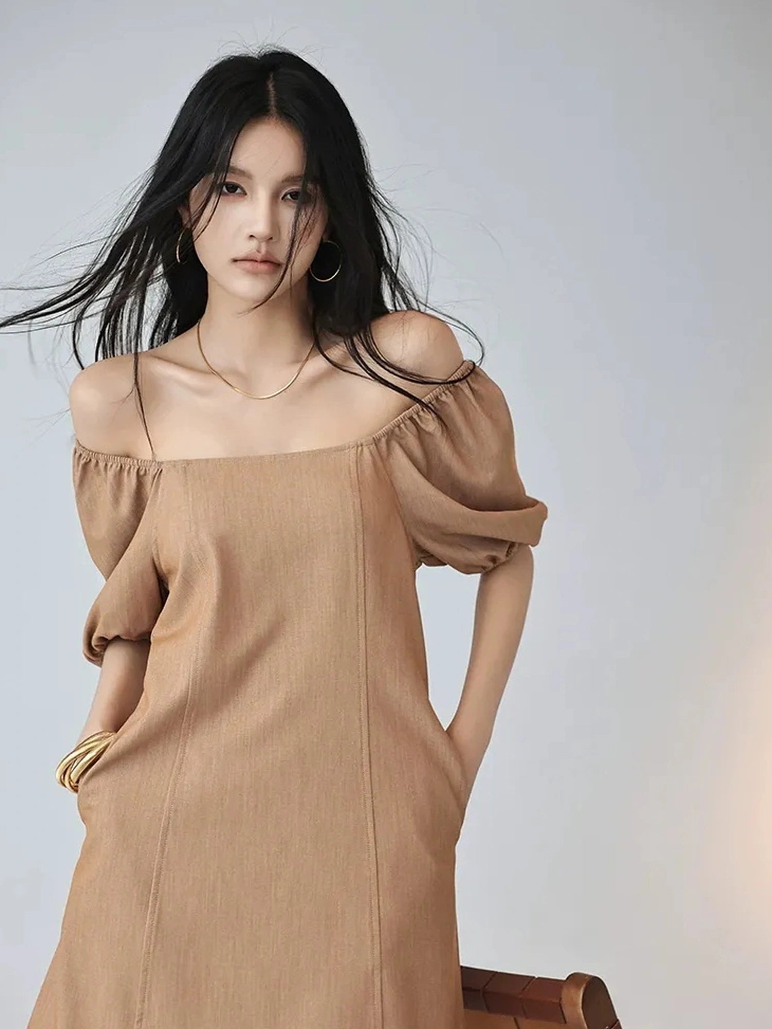 FU FRESH UP French Vintage Square Neckline Puff Sleeve Denim Dress