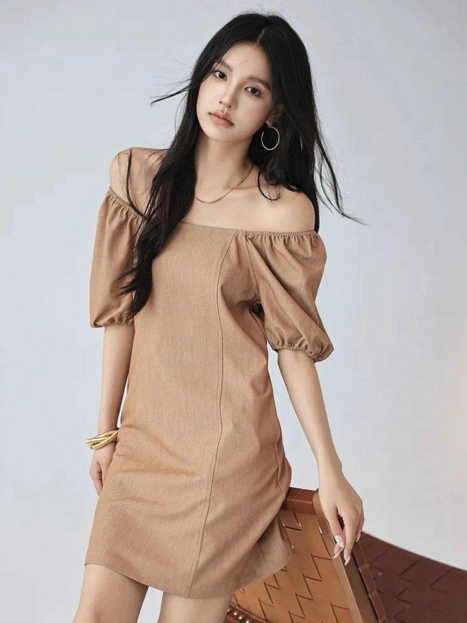FU FRESH UP French Vintage Square Neckline Puff Sleeve Denim Dress