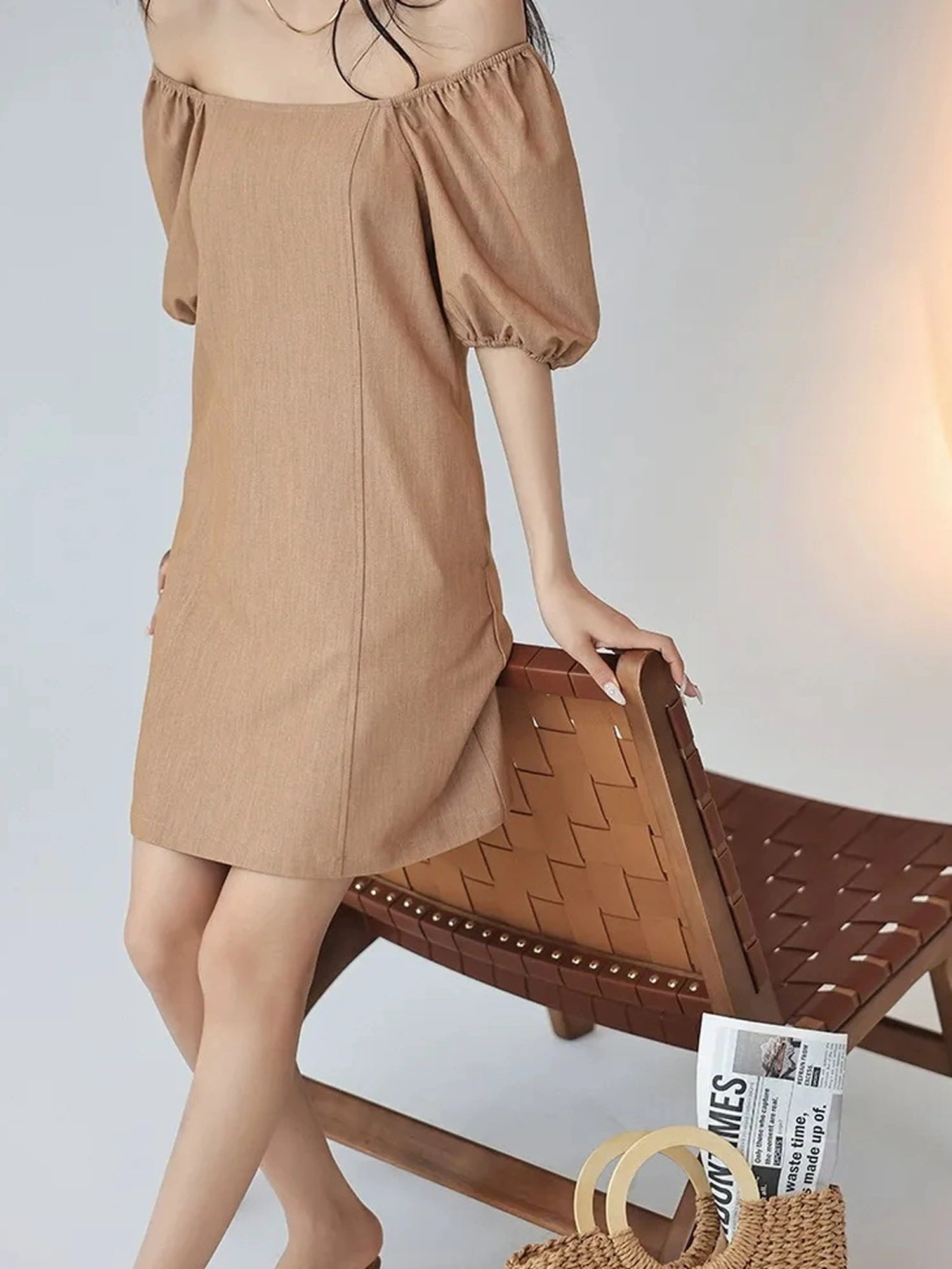 FU FRESH UP French Vintage Square Neckline Puff Sleeve Denim Dress