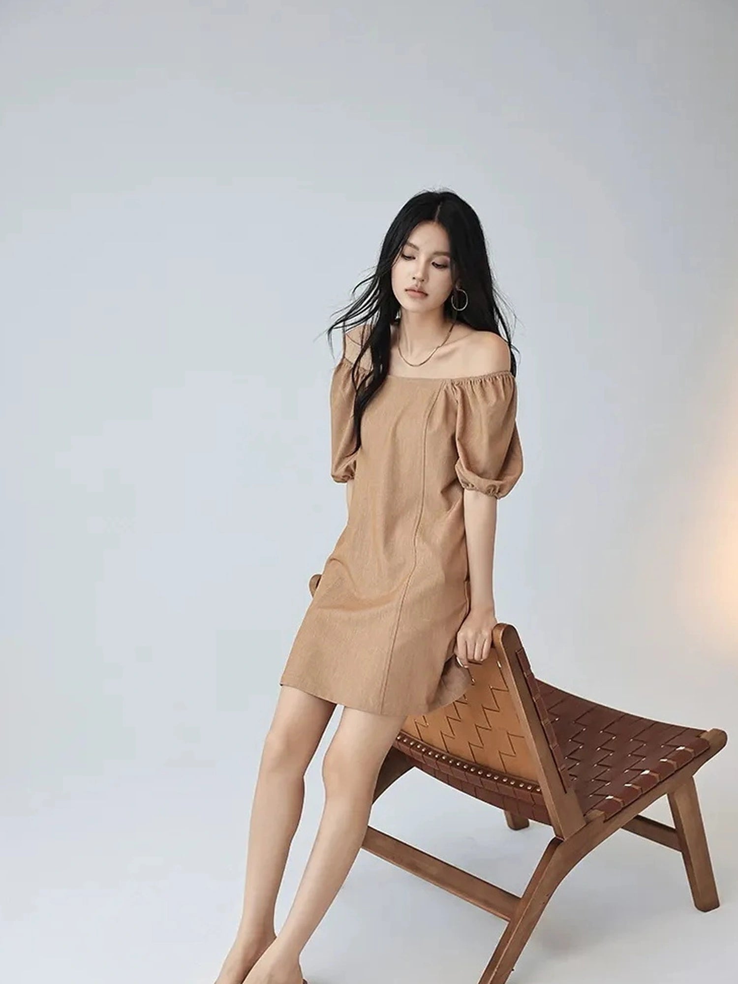 FU FRESH UP French Vintage Square Neckline Puff Sleeve Denim Dress