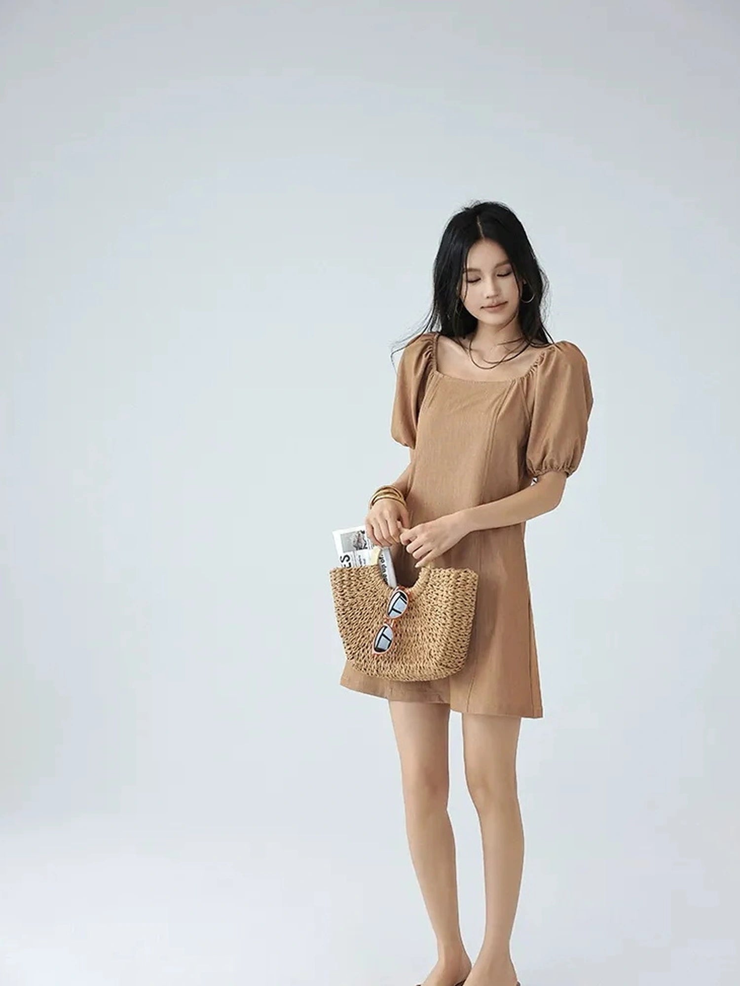 FU FRESH UP French Vintage Square Neckline Puff Sleeve Denim Dress