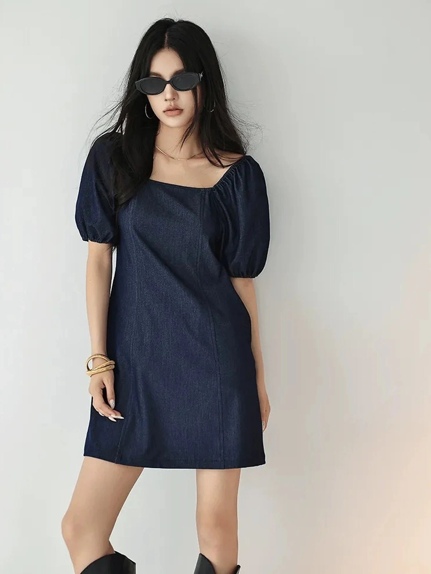 FU FRESH UP French Vintage Square Neckline Puff Sleeve Denim Dress