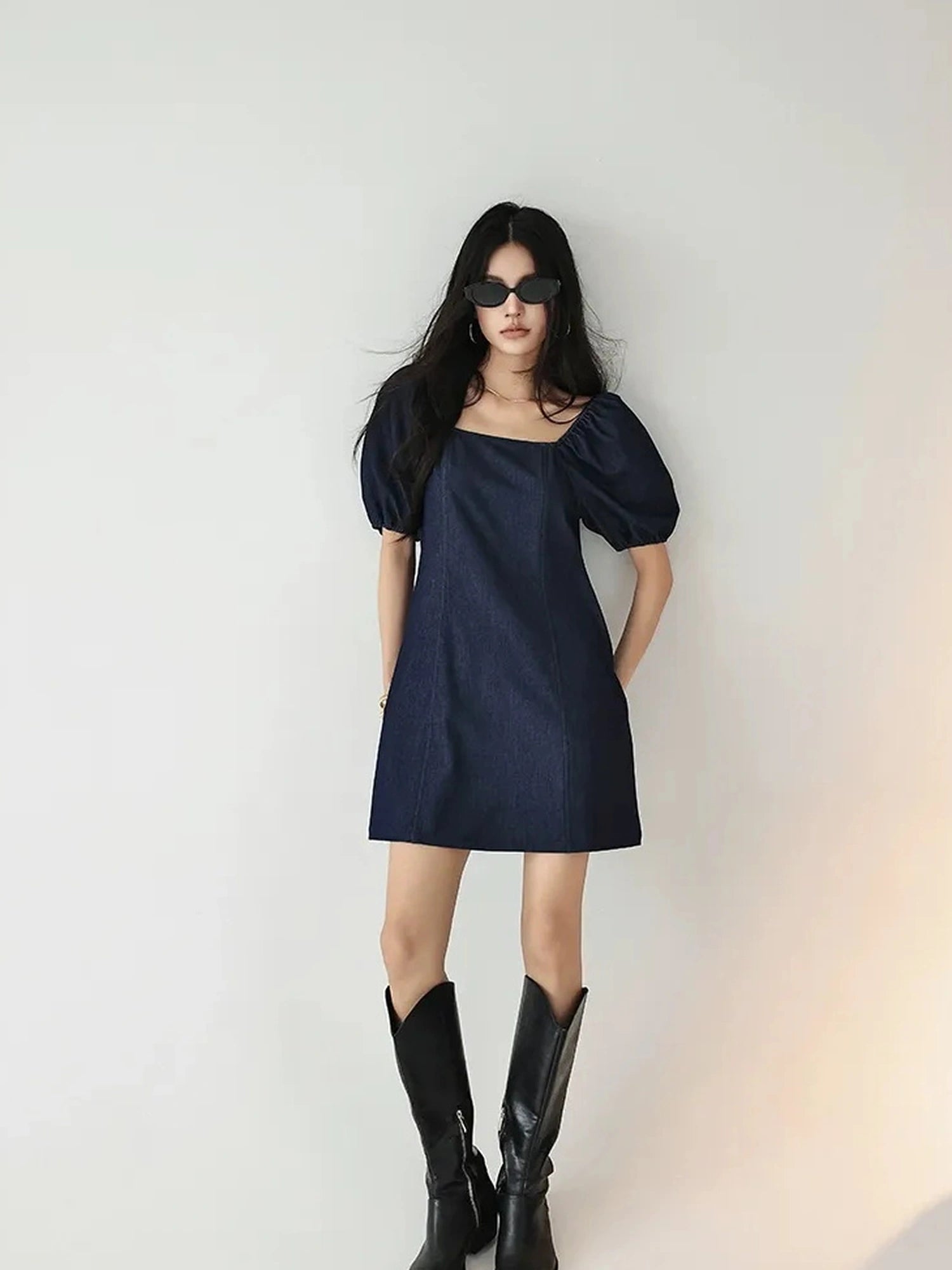 FU FRESH UP French Vintage Square Neckline Puff Sleeve Denim Dress
