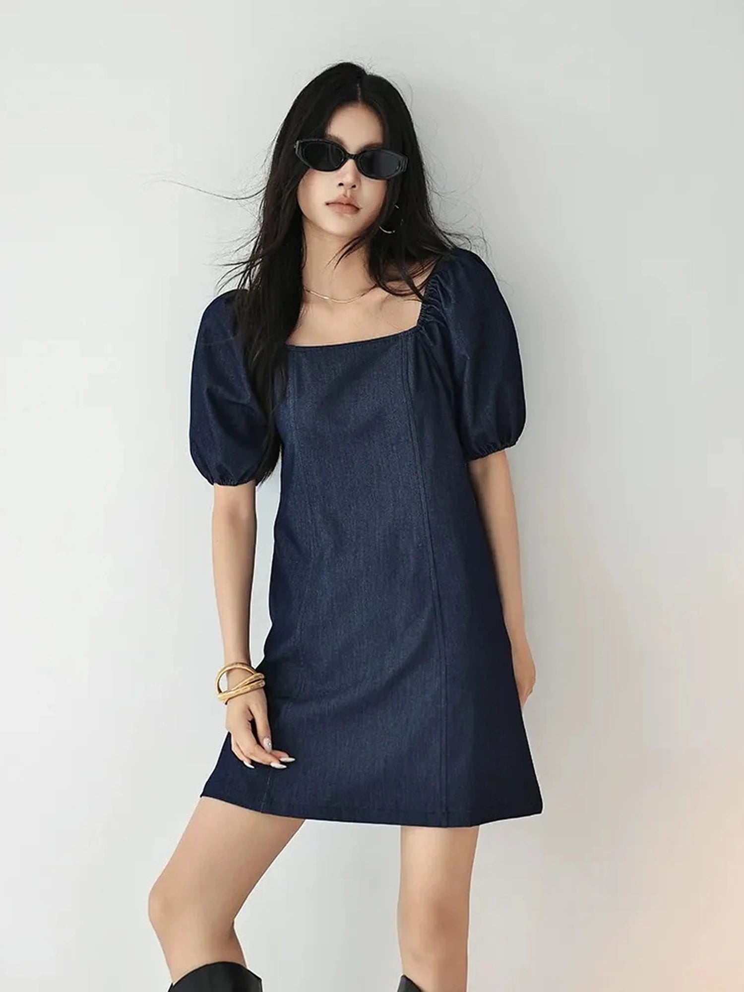 FU FRESH UP French Vintage Square Neckline Puff Sleeve Denim Dress
