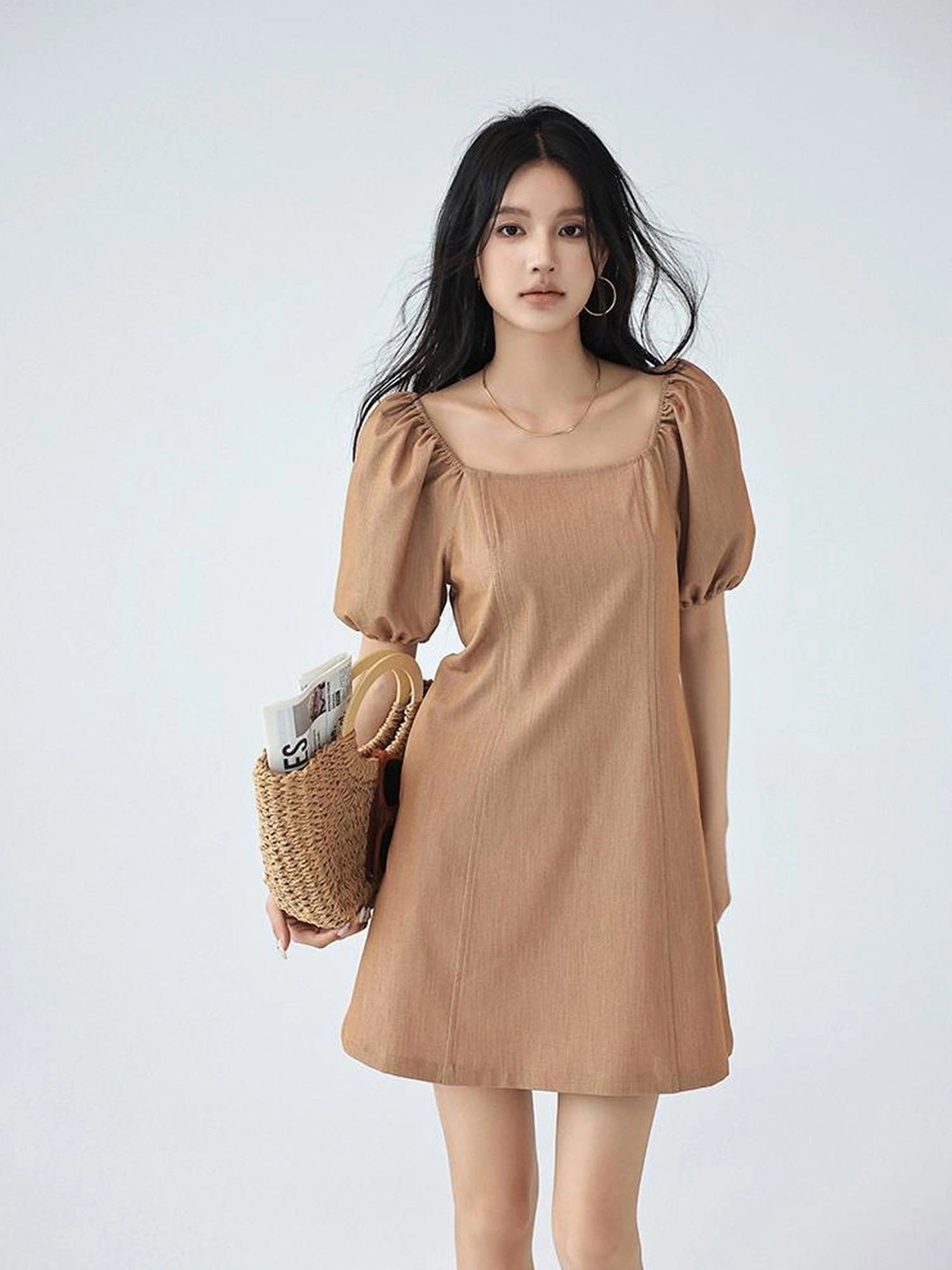 FU FRESH UP French Vintage Square Neckline Puff Sleeve Denim Dress
