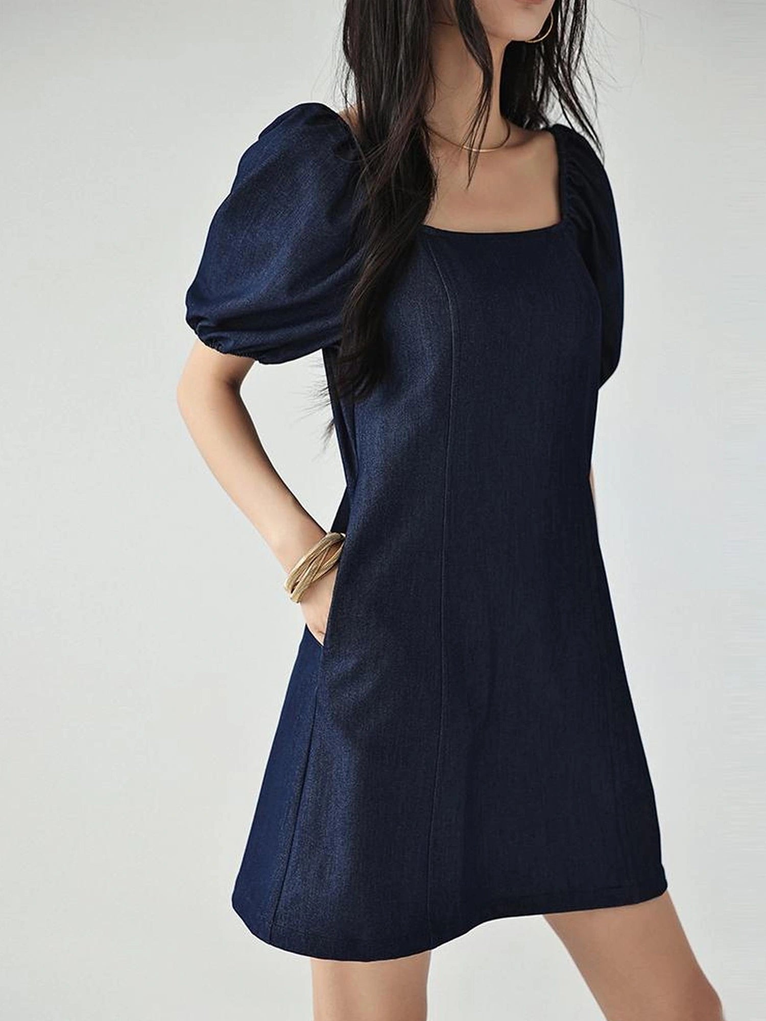 FU FRESH UP French Vintage Square Neckline Puff Sleeve Denim Dress