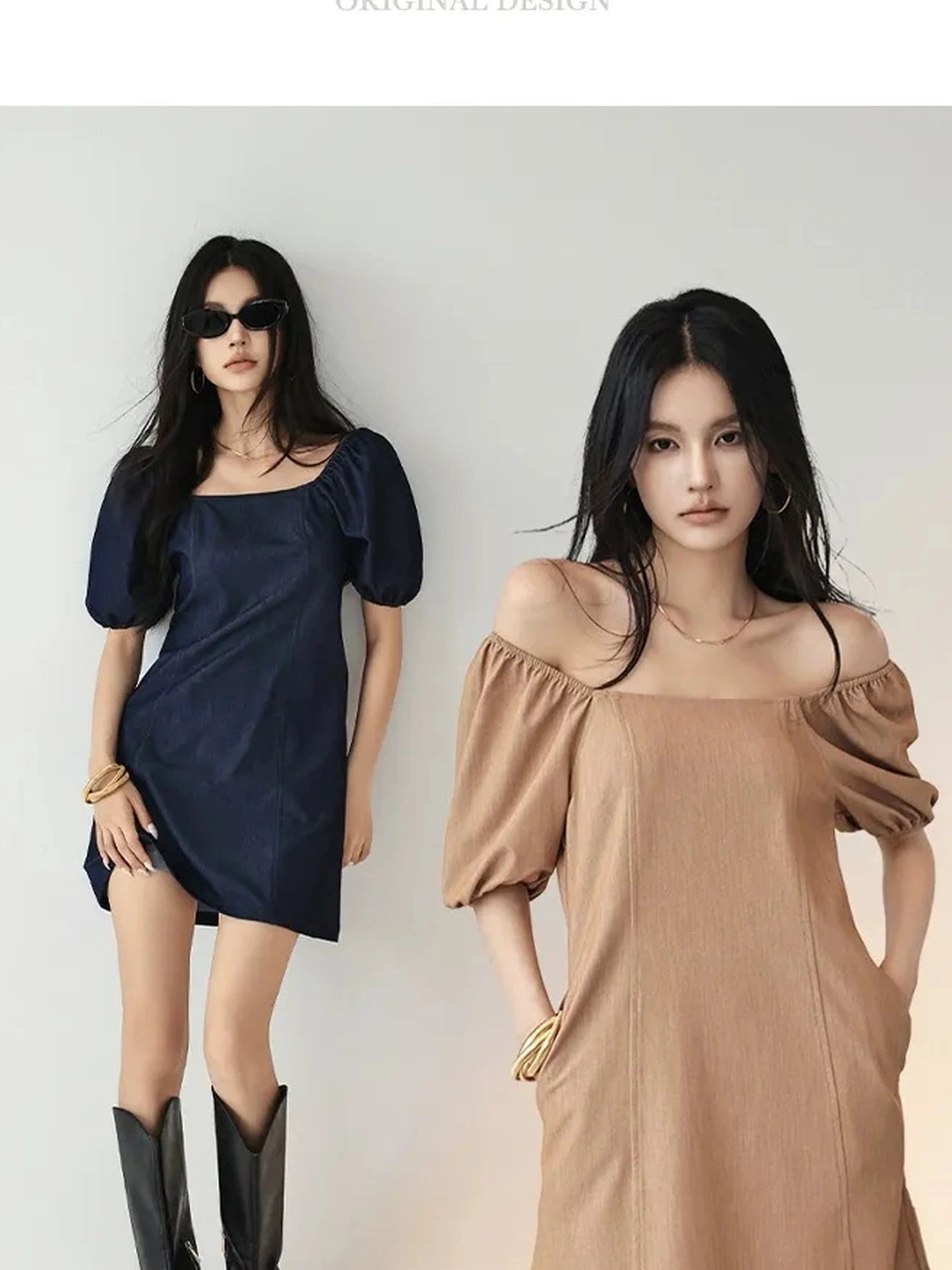 FU FRESH UP French Vintage Square Neckline Puff Sleeve Denim Dress