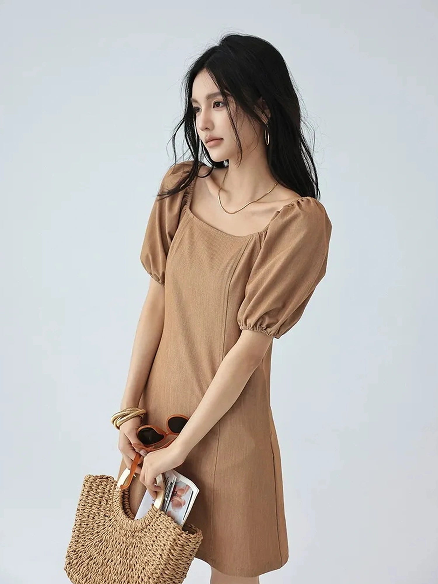 FU FRESH UP French Vintage Square Neckline Puff Sleeve Denim Dress