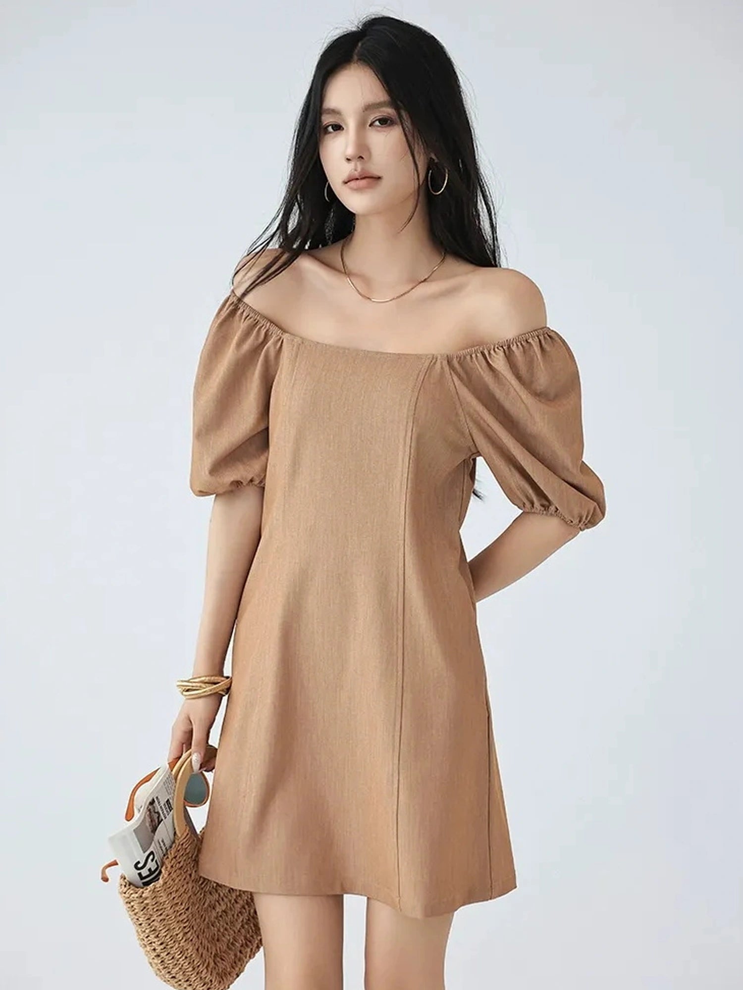 FU FRESH UP French Vintage Square Neckline Puff Sleeve Denim Dress