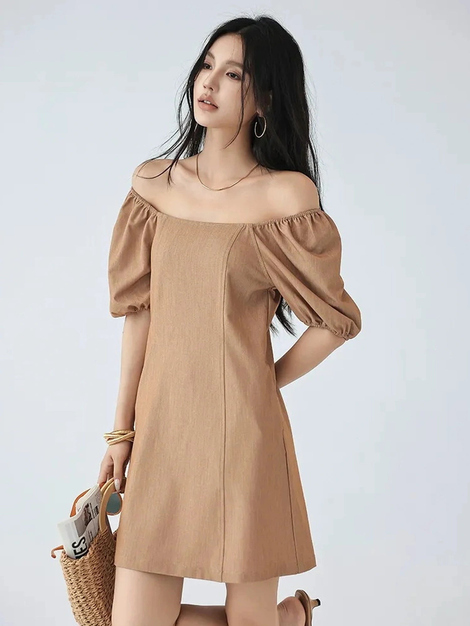 FU FRESH UP French Vintage Square Neckline Puff Sleeve Denim Dress