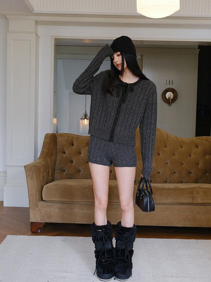FU FRESH UP Heather Grey Cable Knit Bow Tie Relaxed Women&