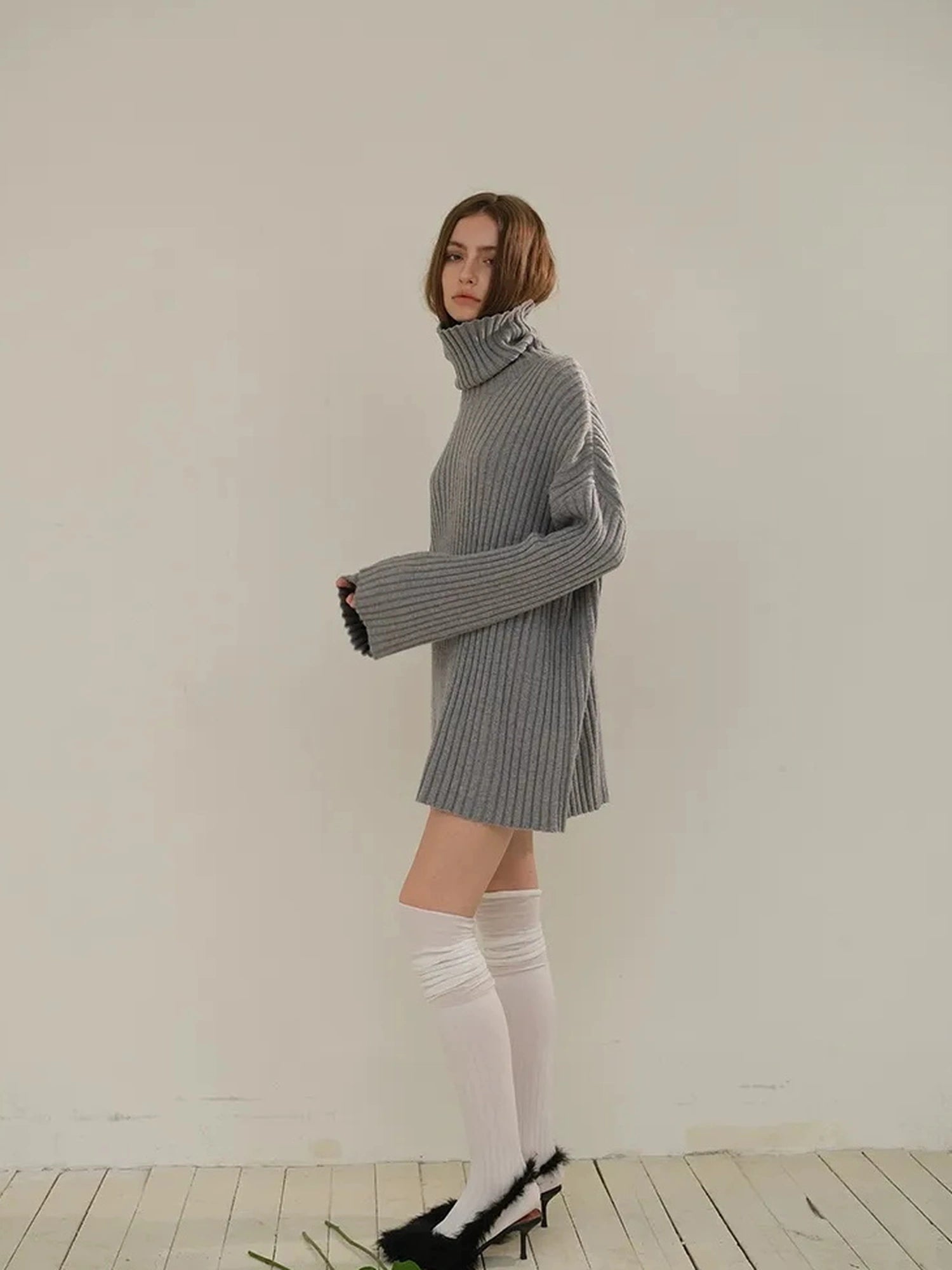 FU FRESH UP High Neck Cashmere Wool Cable Knit Midi Dress
