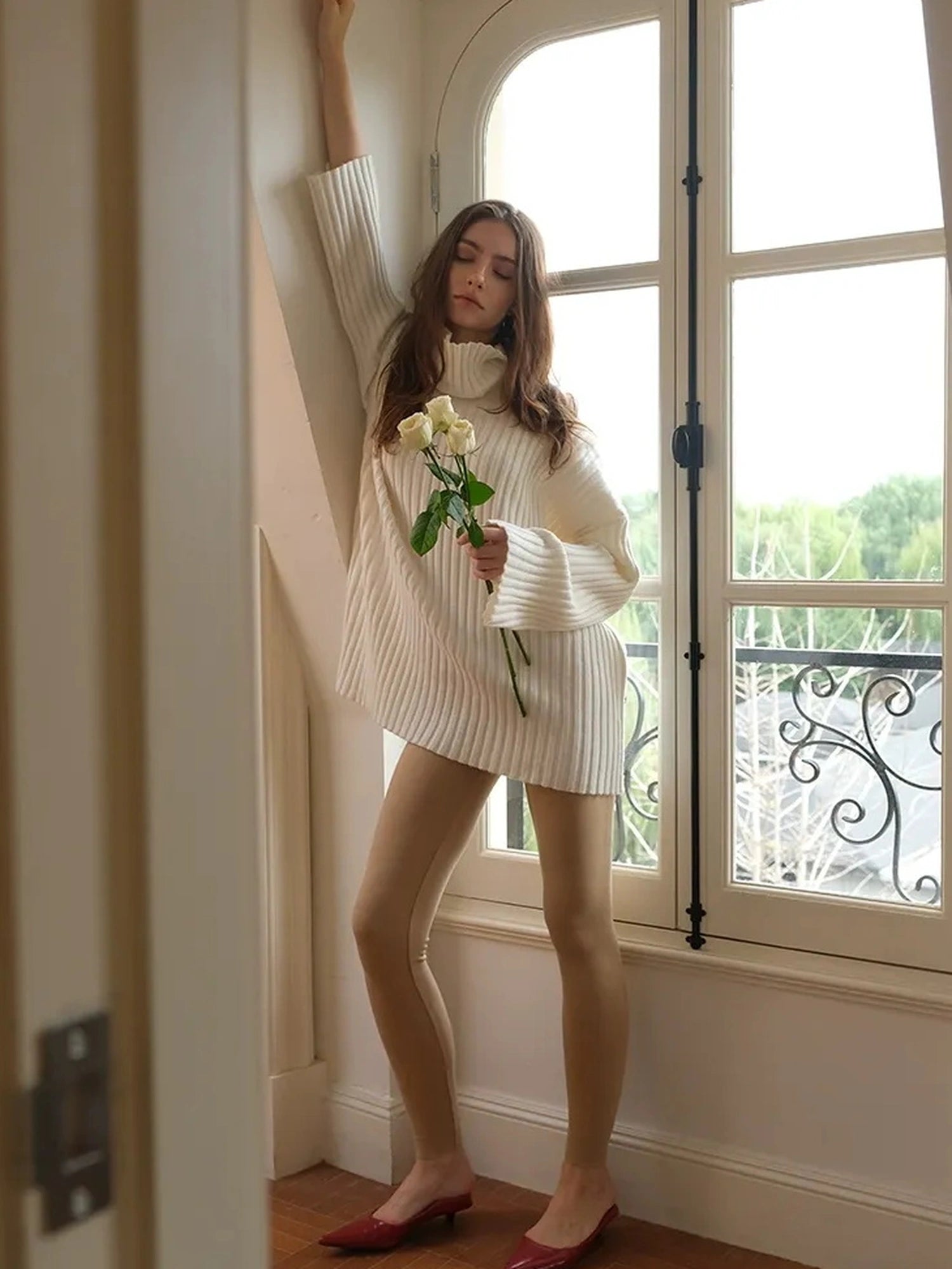 FU FRESH UP High Neck Cashmere Wool Cable Knit Midi Dress