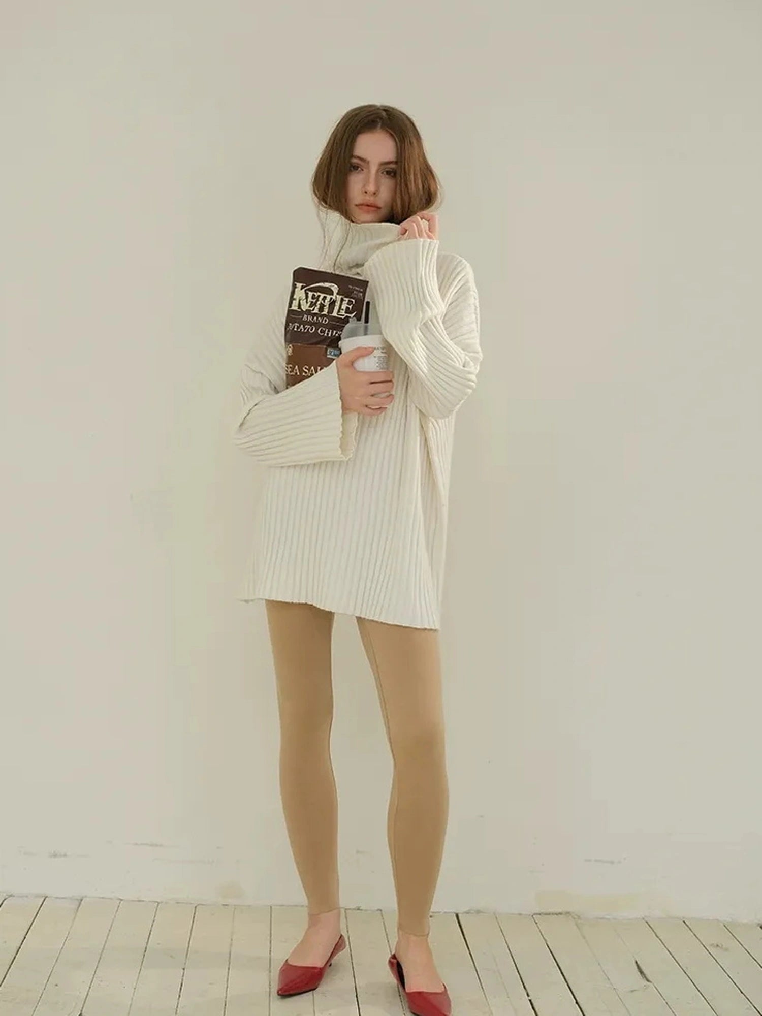 FU FRESH UP High Neck Cashmere Wool Cable Knit Midi Dress