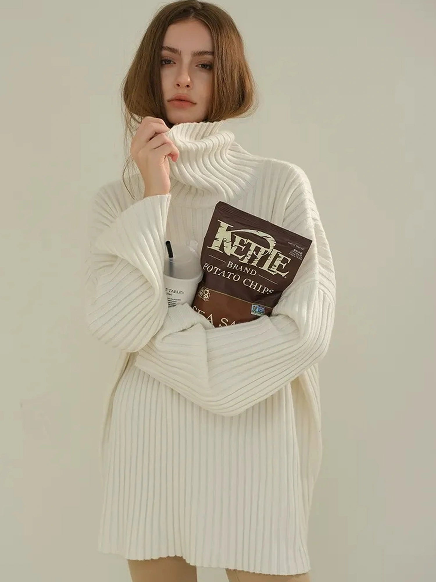 FU FRESH UP High Neck Cashmere Wool Cable Knit Midi Dress