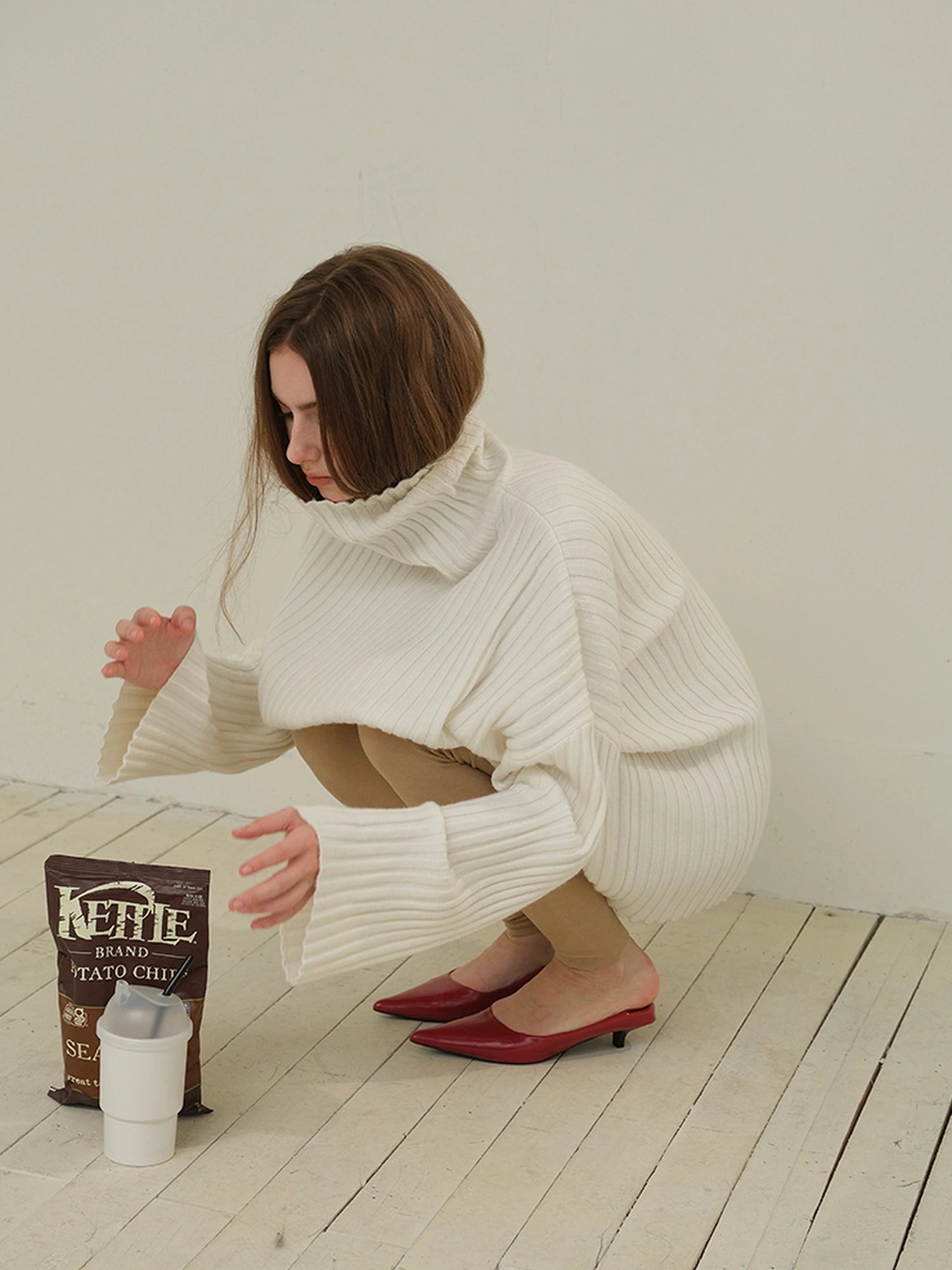 FU FRESH UP High Neck Cashmere Wool Cable Knit Midi Dress