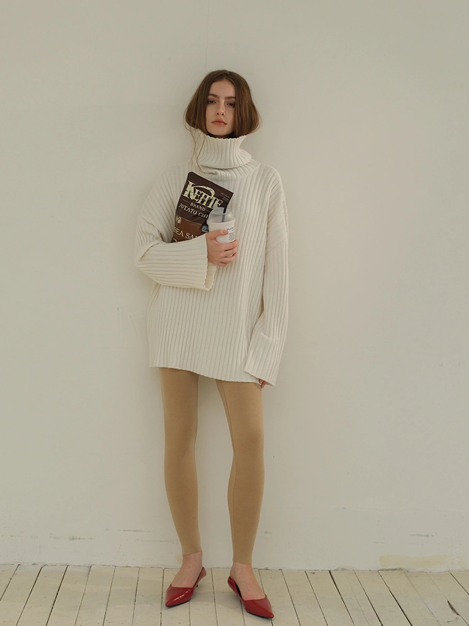 FU FRESH UP High Neck Cashmere Wool Cable Knit Midi Dress