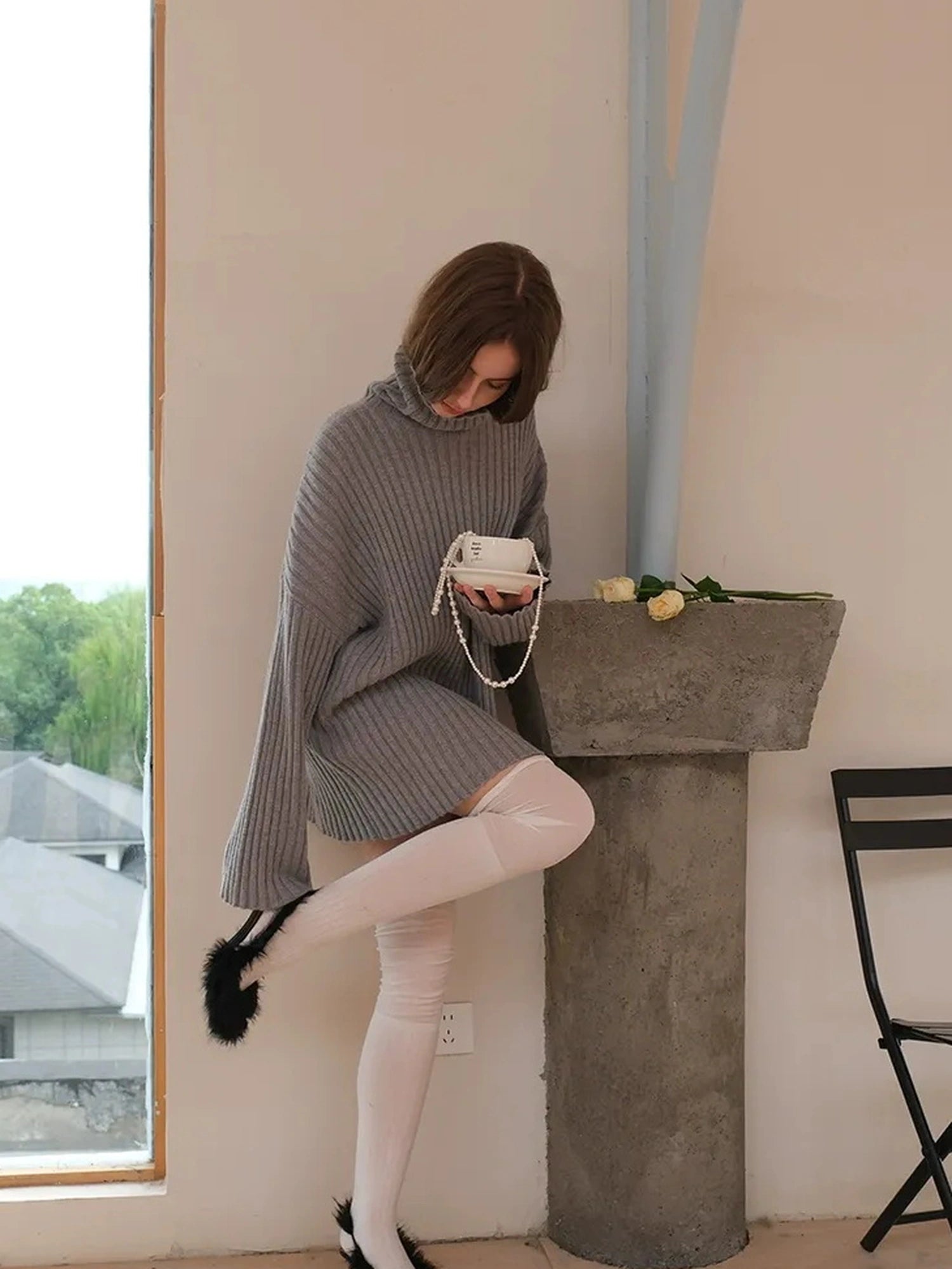 FU FRESH UP High Neck Cashmere Wool Cable Knit Midi Dress