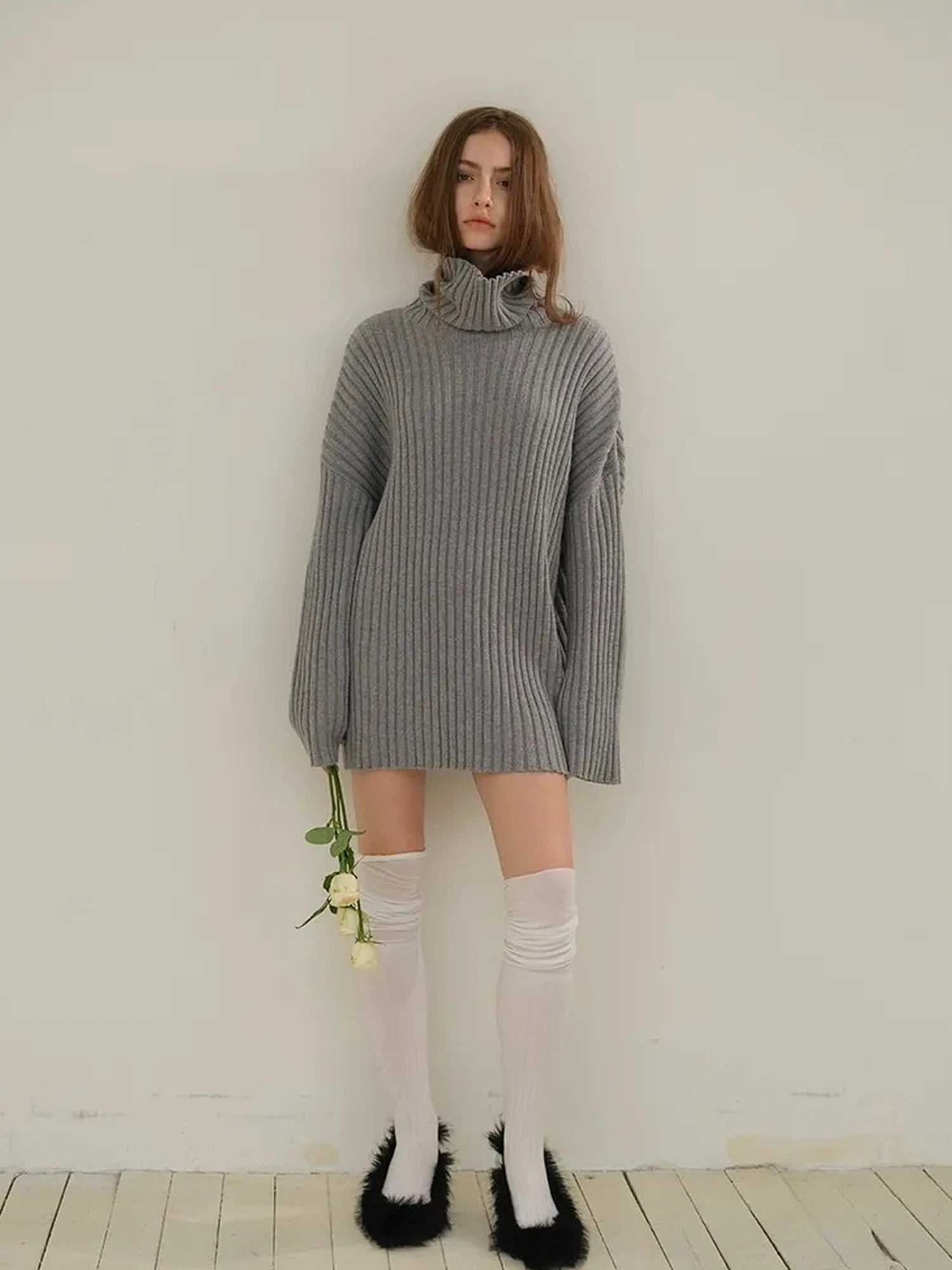 FU FRESH UP High Neck Cashmere Wool Cable Knit Midi Dress