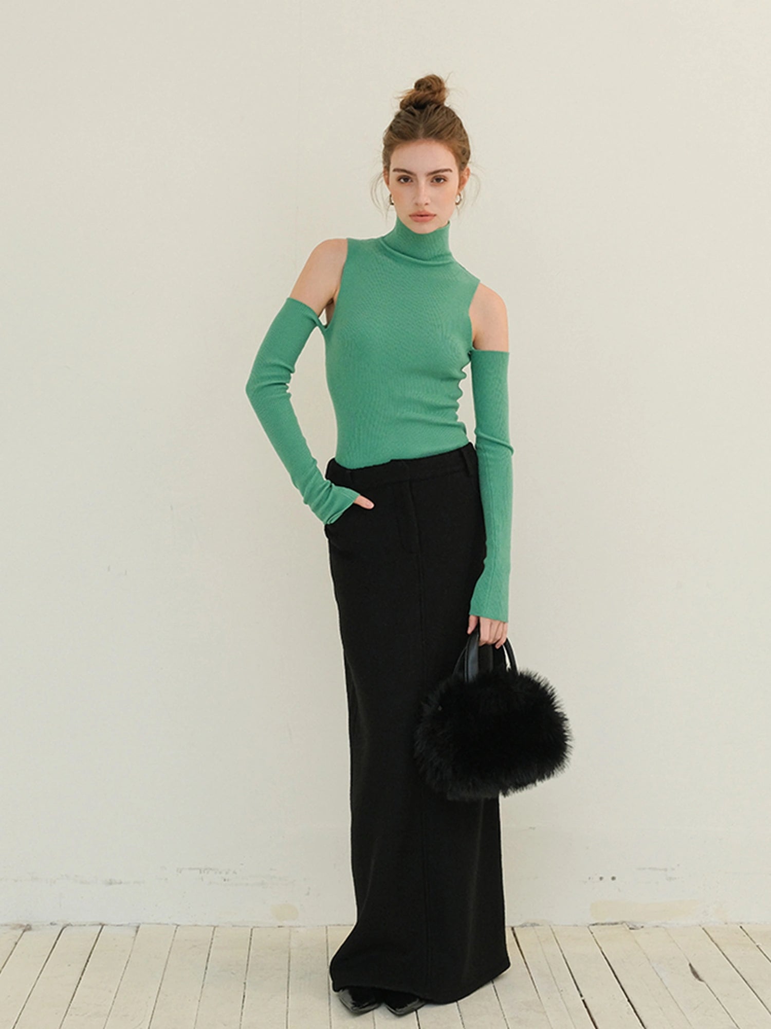 FU FRESH UP High Neck Off Shoulder Wool Knit Top