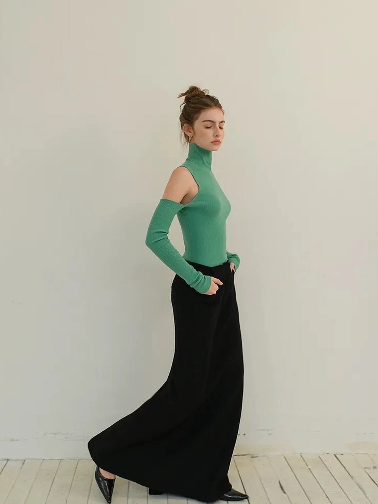 FU FRESH UP High Neck Off Shoulder Wool Knit Top