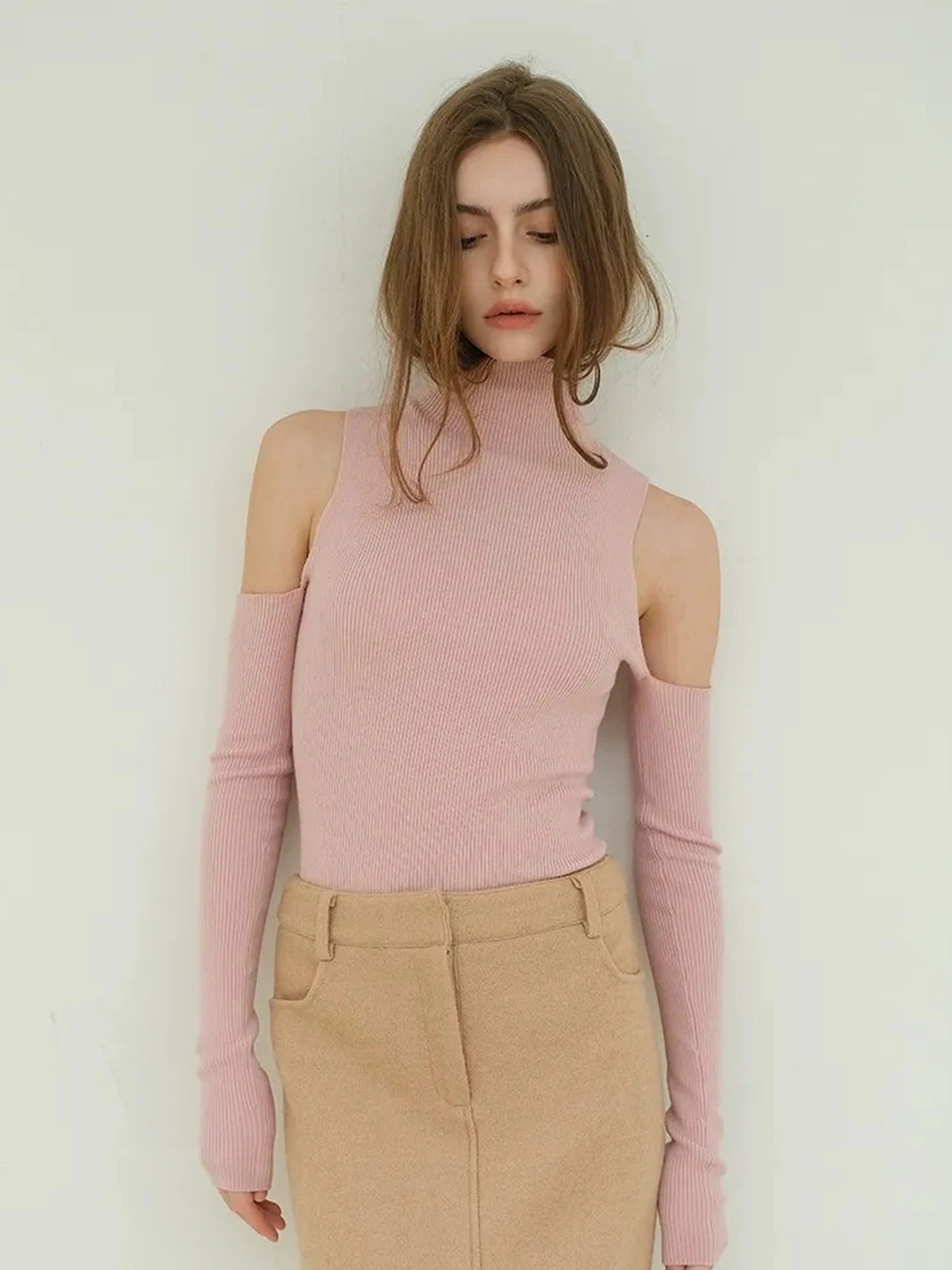 FU FRESH UP High Neck Off Shoulder Wool Knit Top