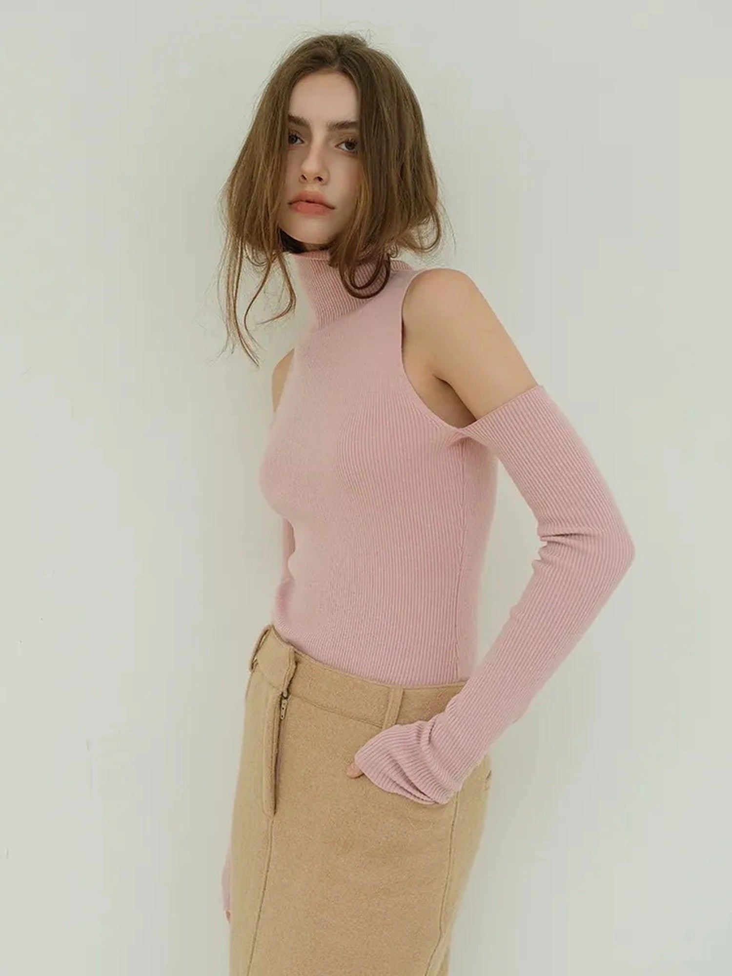 FU FRESH UP High Neck Off Shoulder Wool Knit Top