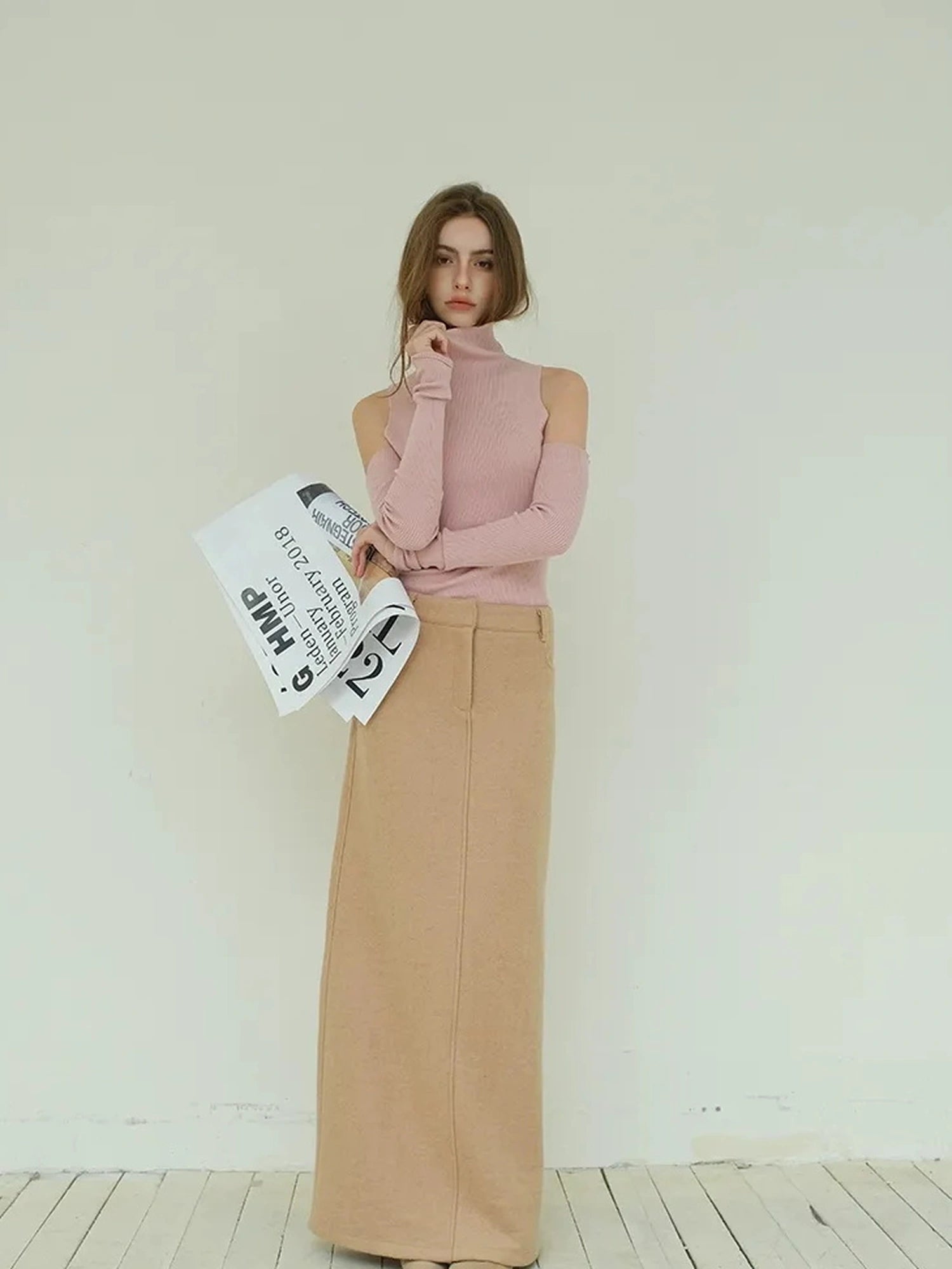 FU FRESH UP High Neck Off Shoulder Wool Knit Top