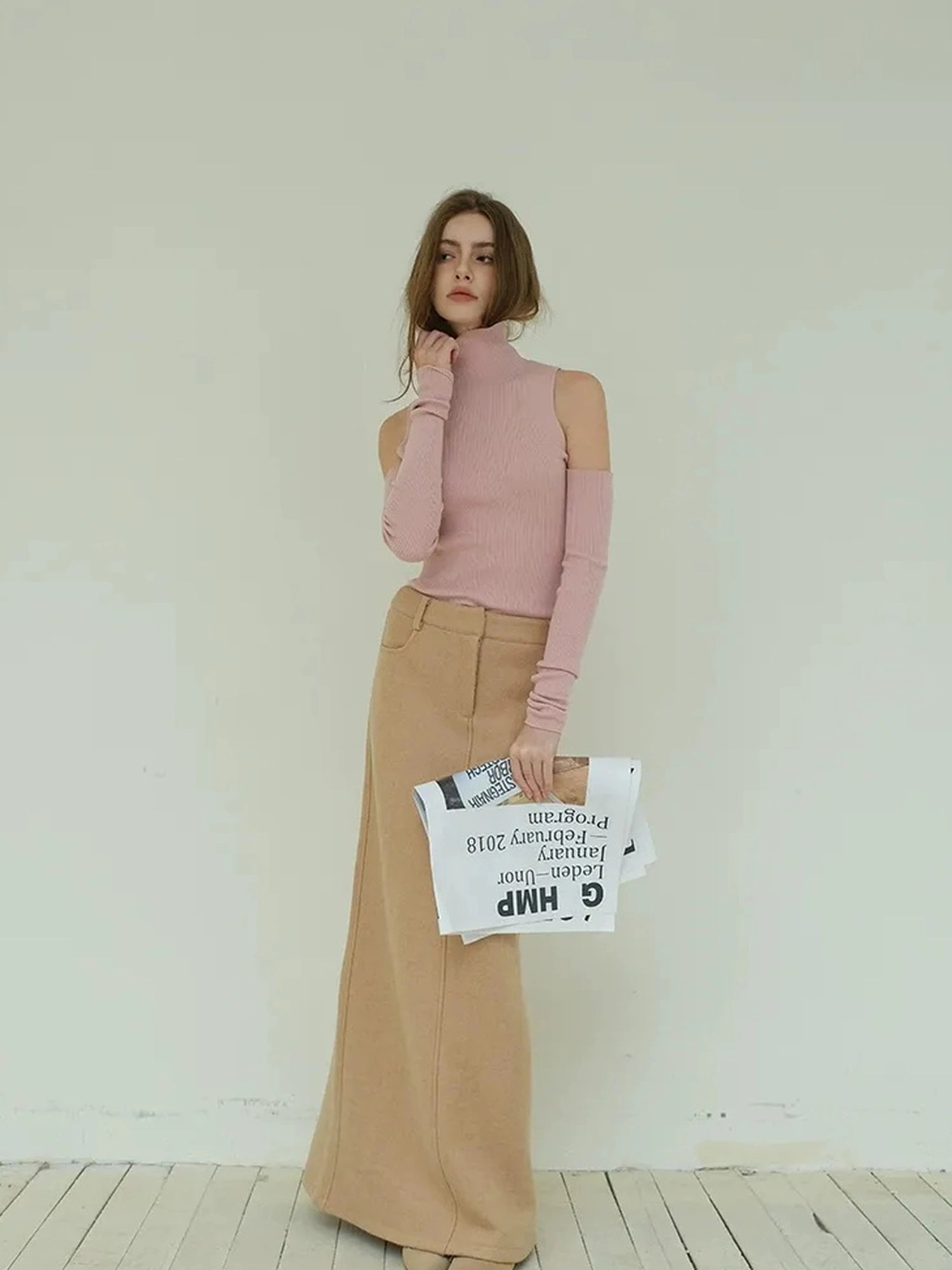 FU FRESH UP High Neck Off Shoulder Wool Knit Top