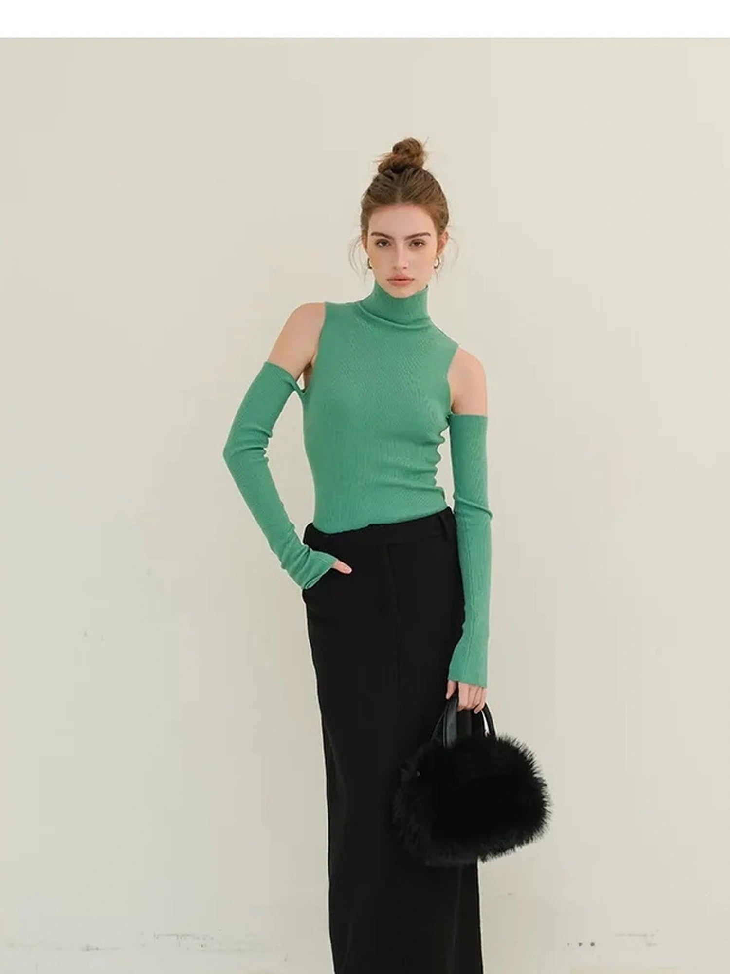 FU FRESH UP High Neck Off Shoulder Wool Knit Top