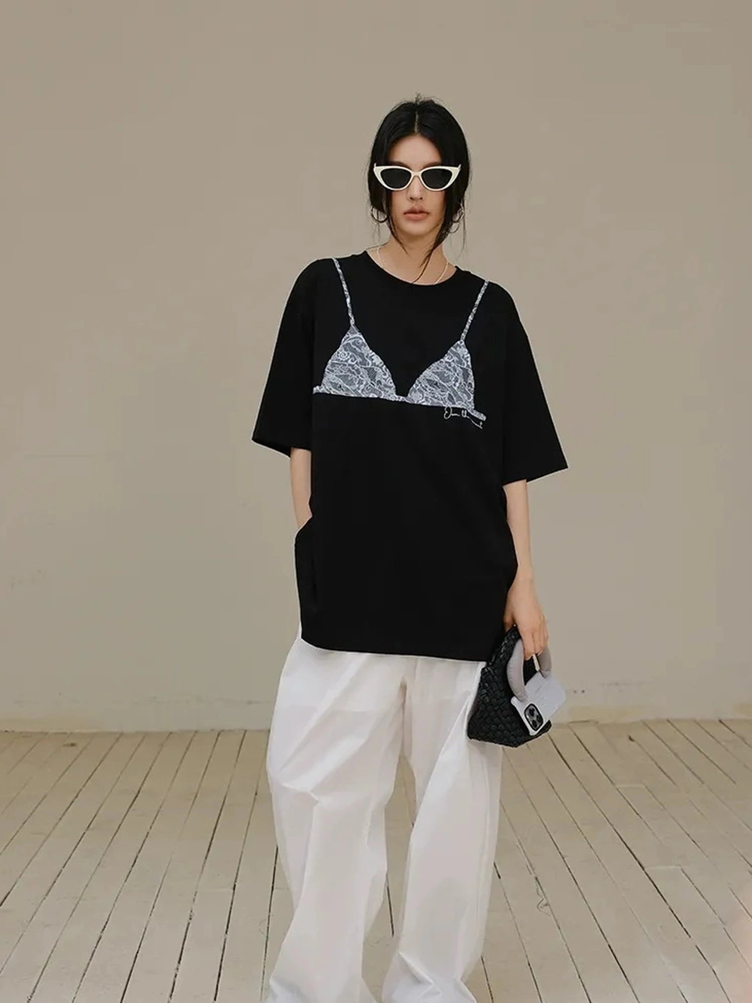 FU FRESH UP Lace Bra Print Relaxed Cotton Tee
