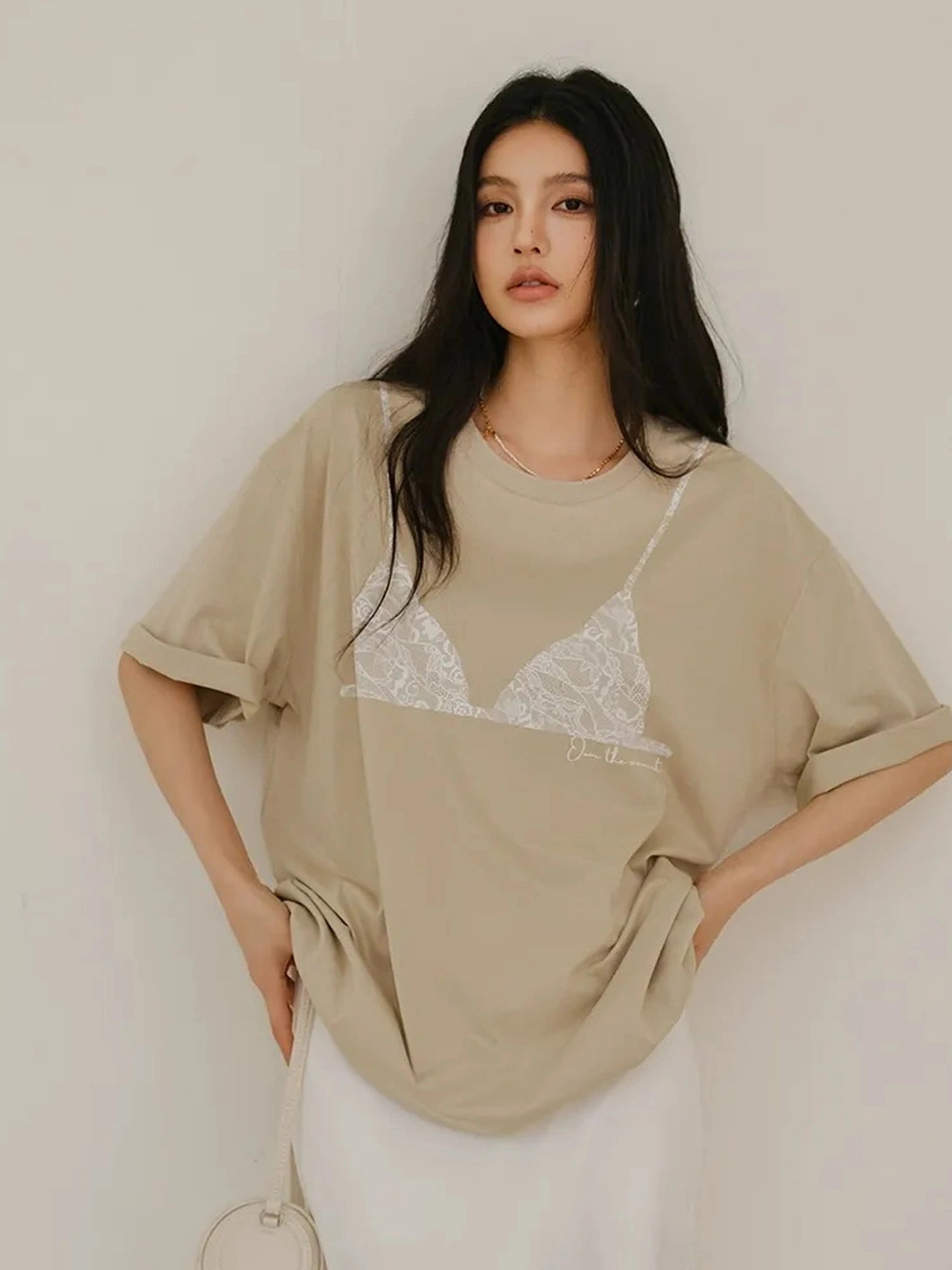 FU FRESH UP Lace Bra Print Relaxed Cotton Tee