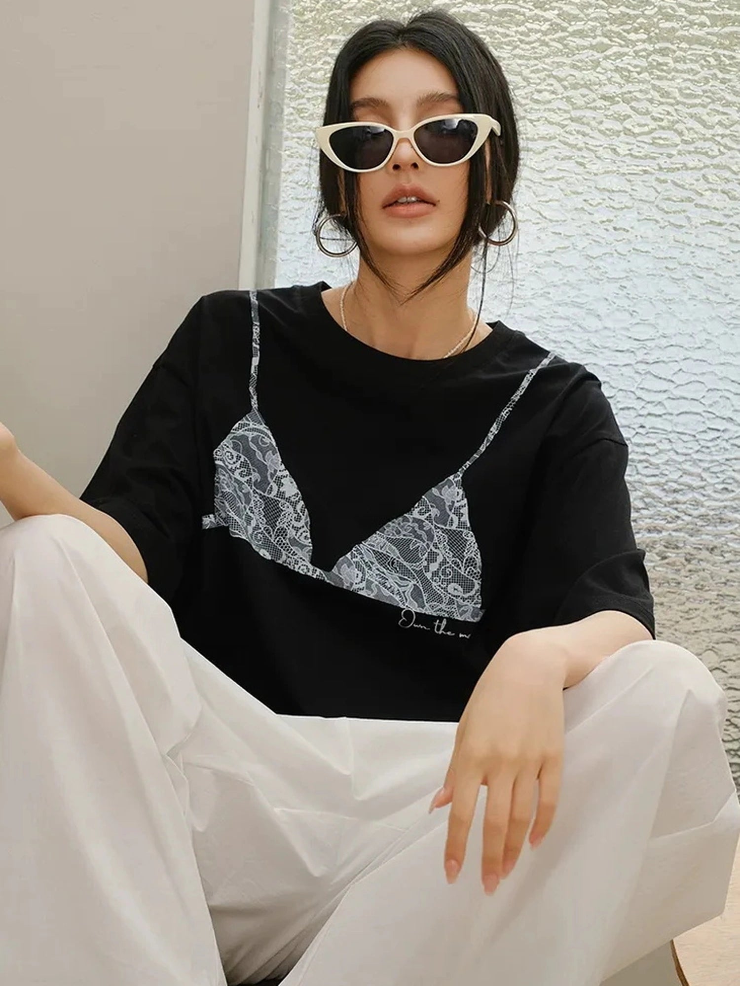 FU FRESH UP Lace Bra Print Relaxed Cotton Tee