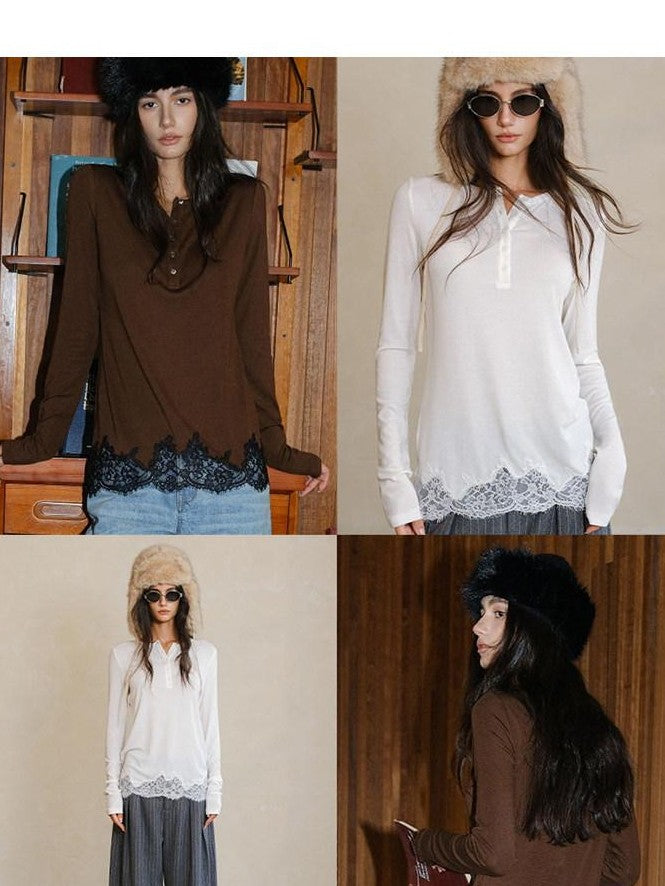 FU FRESH UP Lace Panel Henley Collar Slim Fit Women&