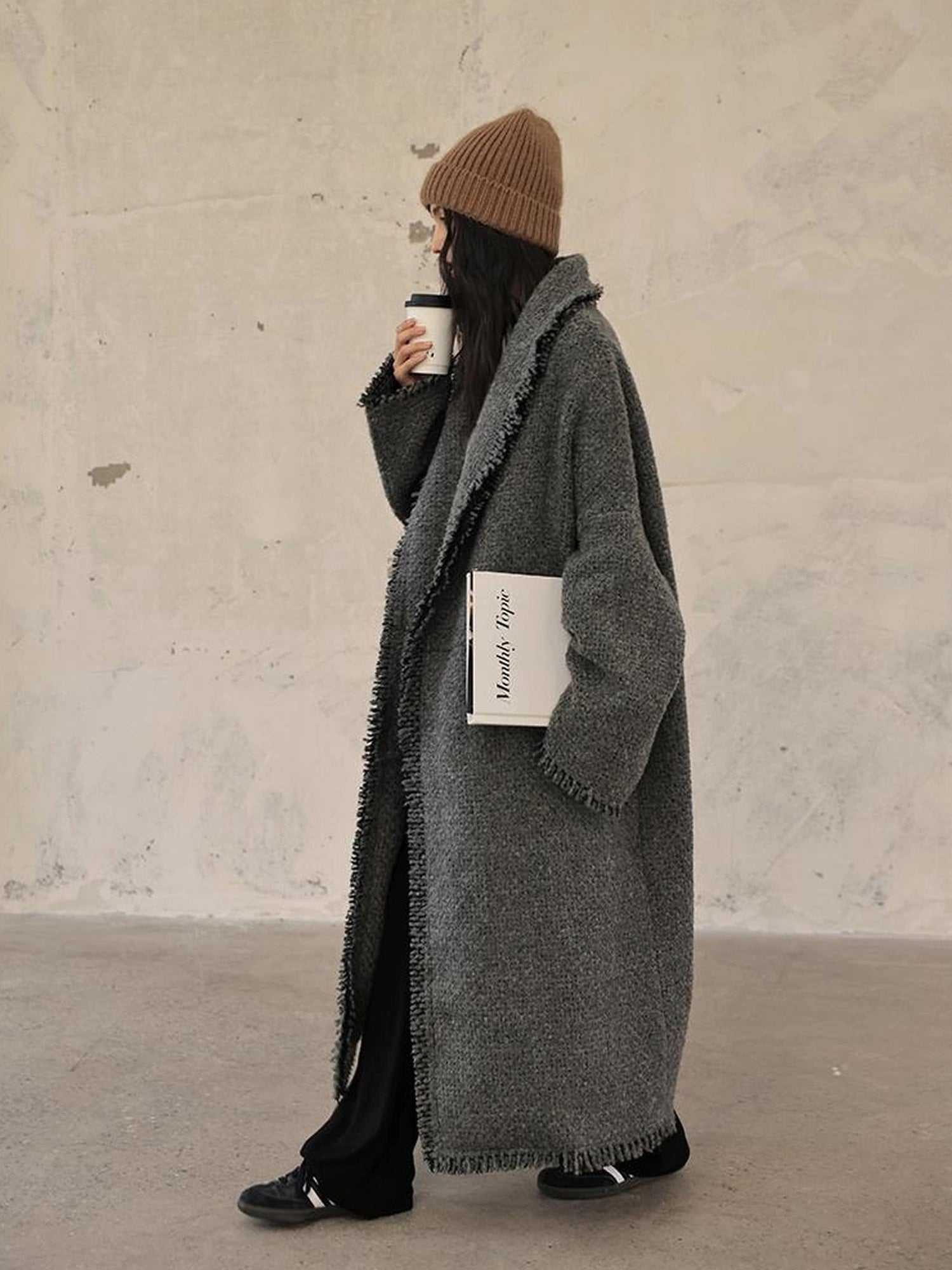 FU FRESH UP Lazy Fringe Wool Blend Long Cardigan Coat
