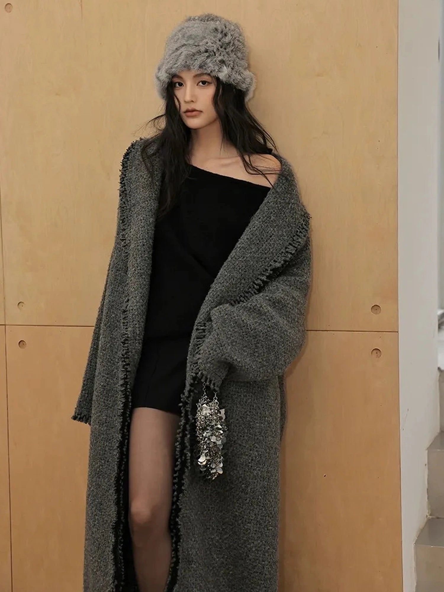 FU FRESH UP Lazy Fringe Wool Blend Long Cardigan Coat