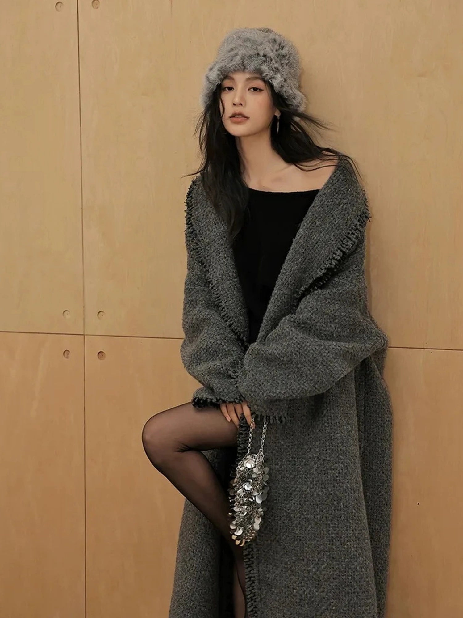 FU FRESH UP Lazy Fringe Wool Blend Long Cardigan Coat