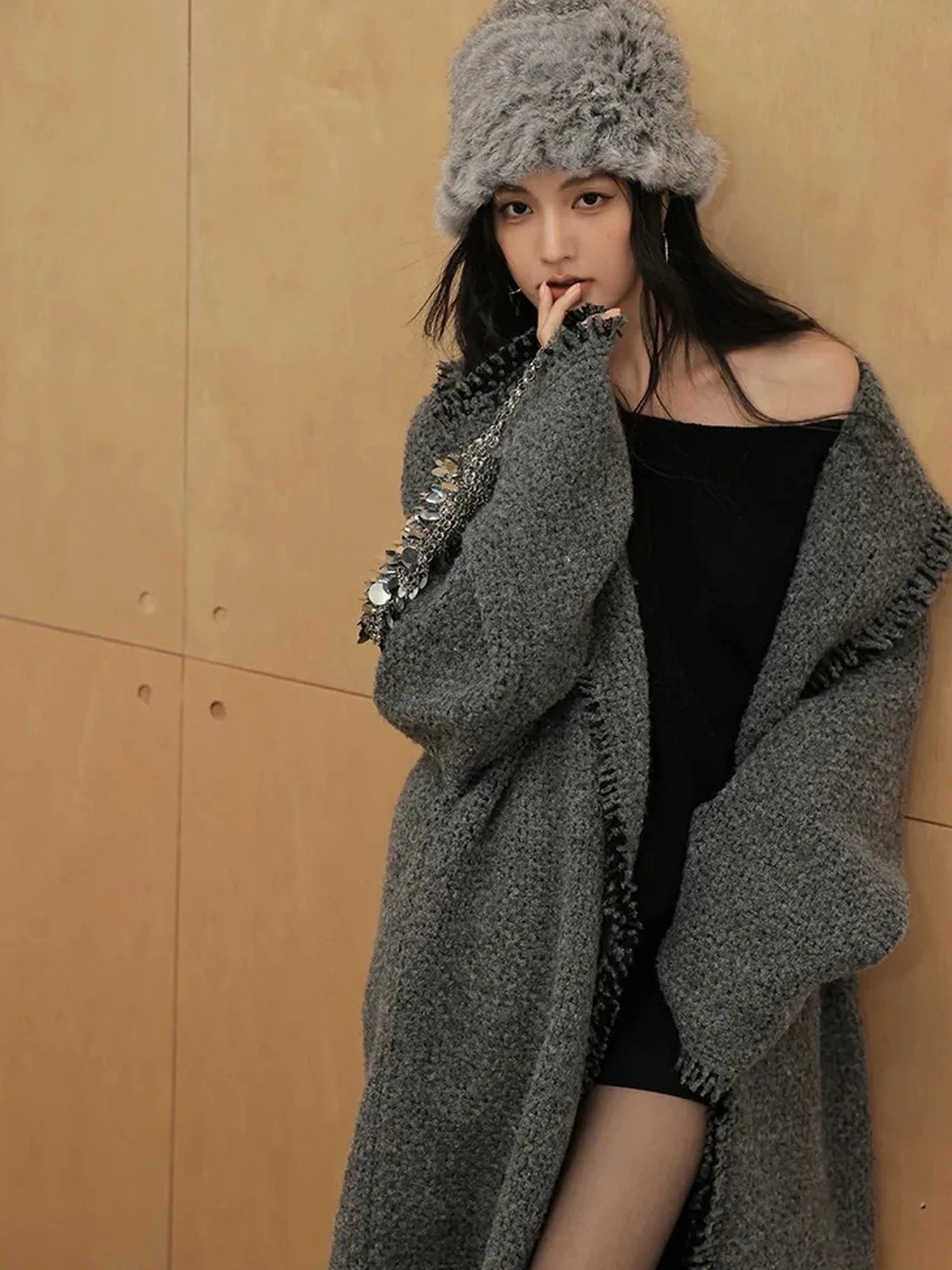 FU FRESH UP Lazy Fringe Wool Blend Long Cardigan Coat