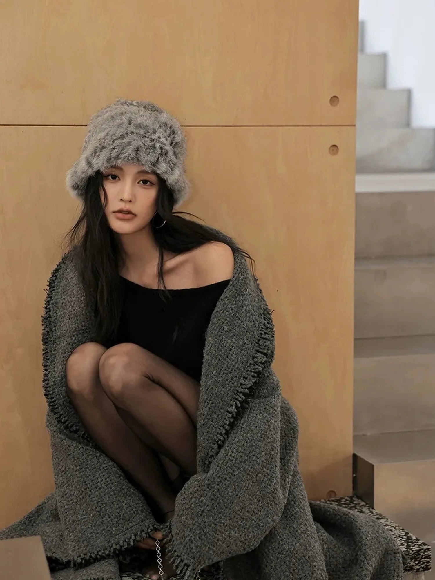 FU FRESH UP Lazy Fringe Wool Blend Long Cardigan Coat