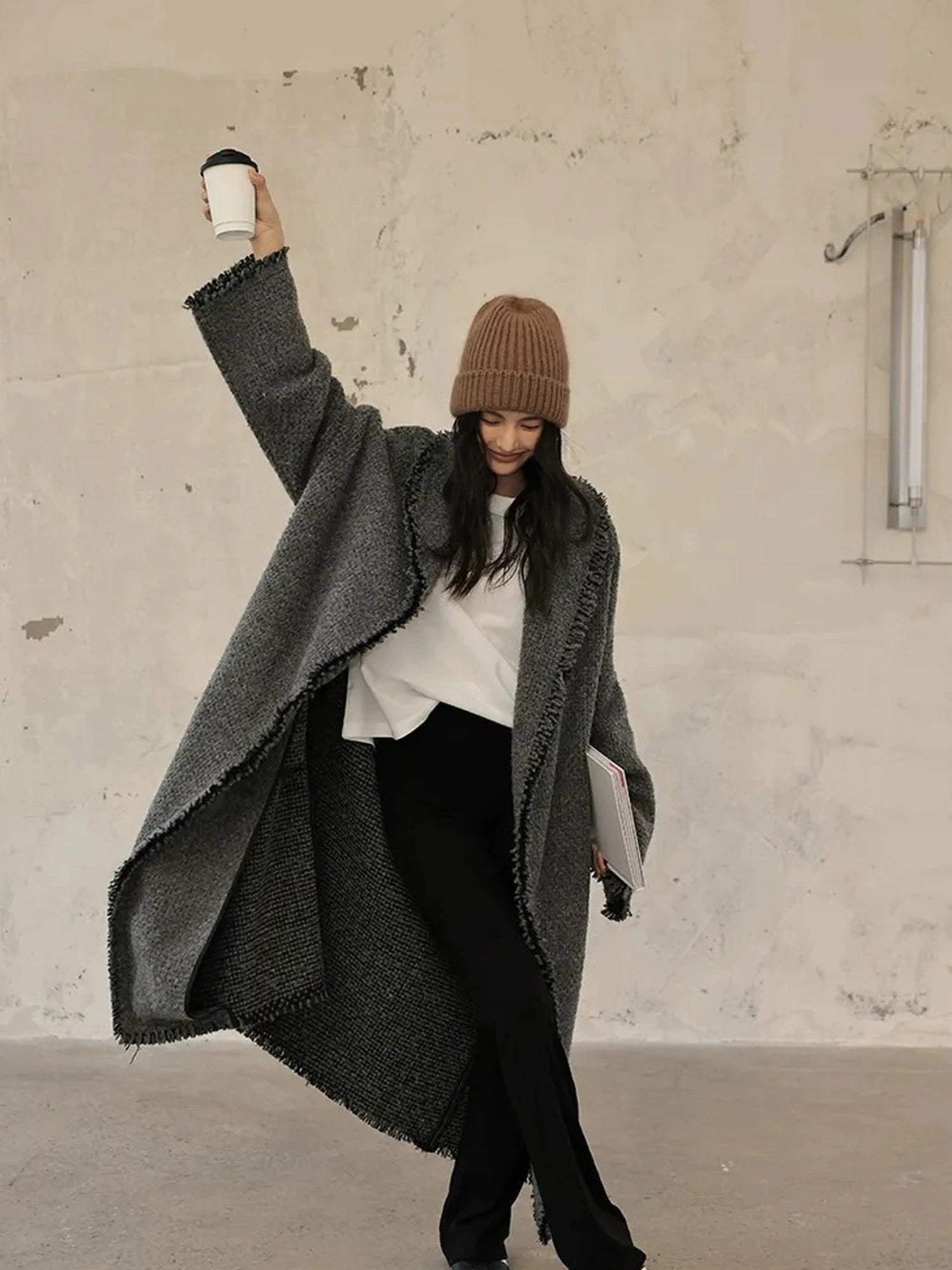 FU FRESH UP Lazy Fringe Wool Blend Long Cardigan Coat