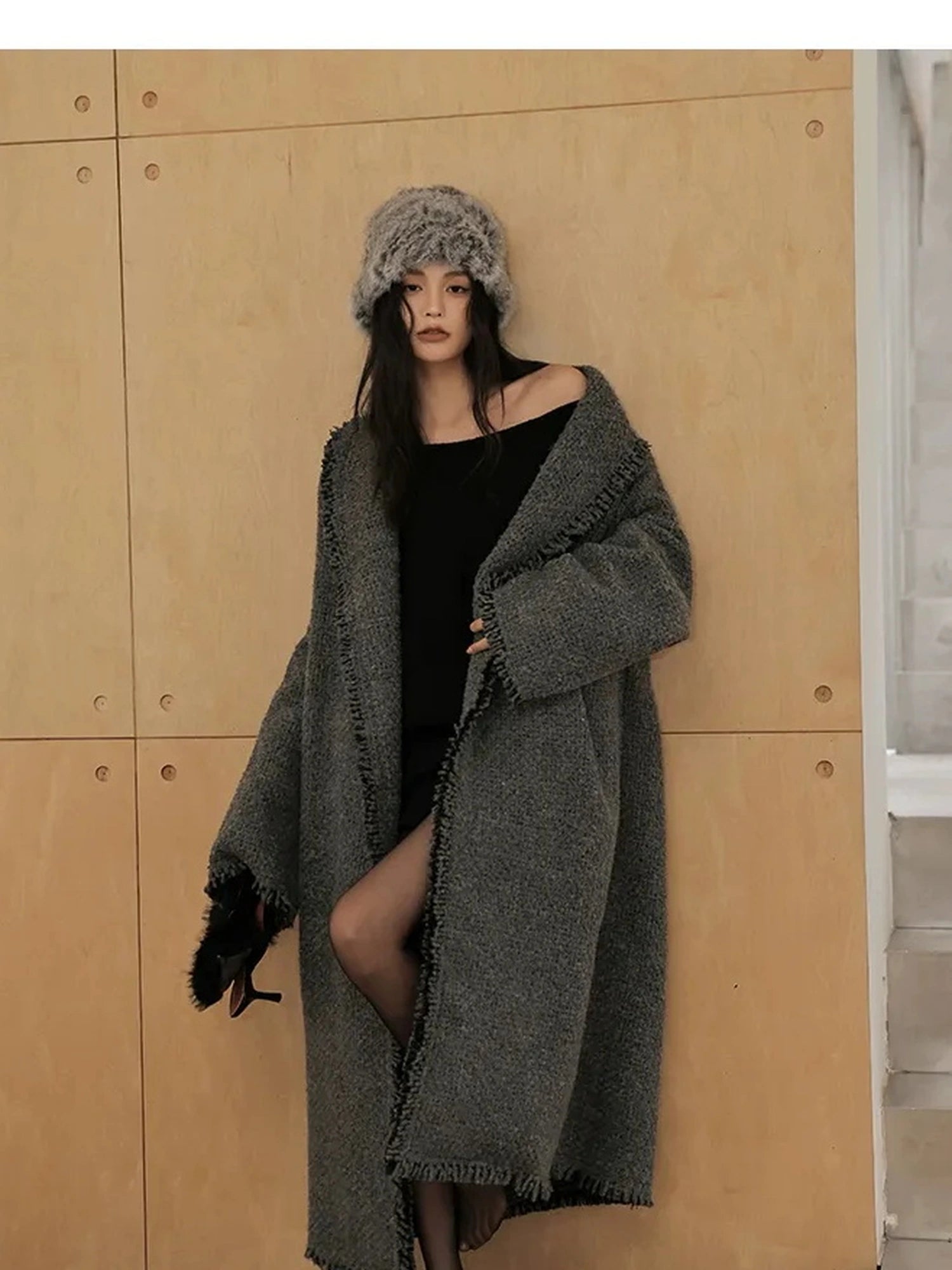 FU FRESH UP Lazy Fringe Wool Blend Long Cardigan Coat