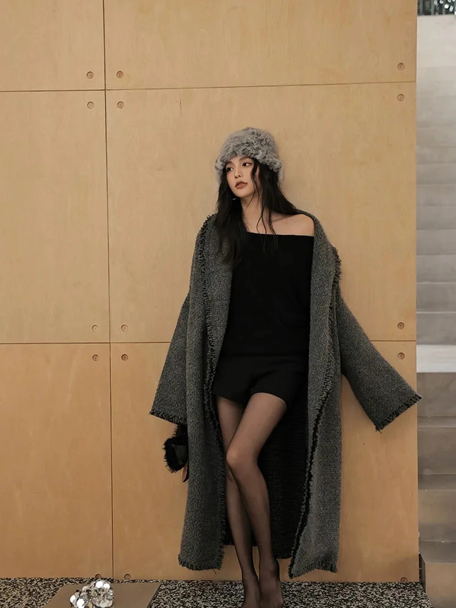 FU FRESH UP Lazy Fringe Wool Blend Long Cardigan Coat