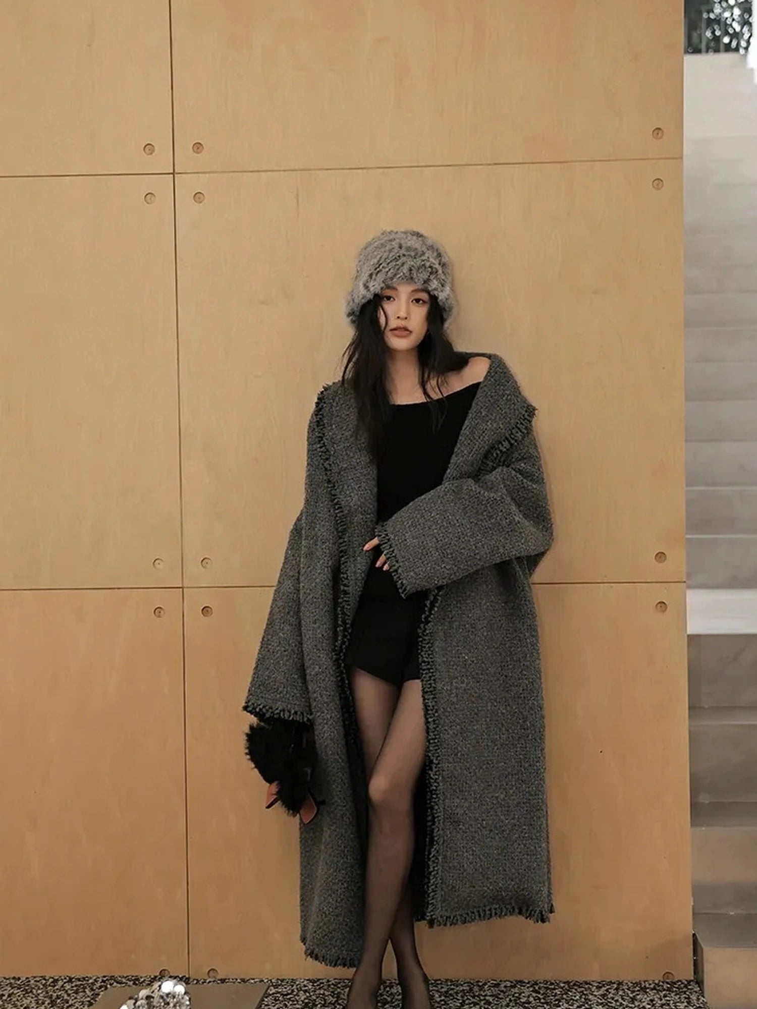 FU FRESH UP Lazy Fringe Wool Blend Long Cardigan Coat