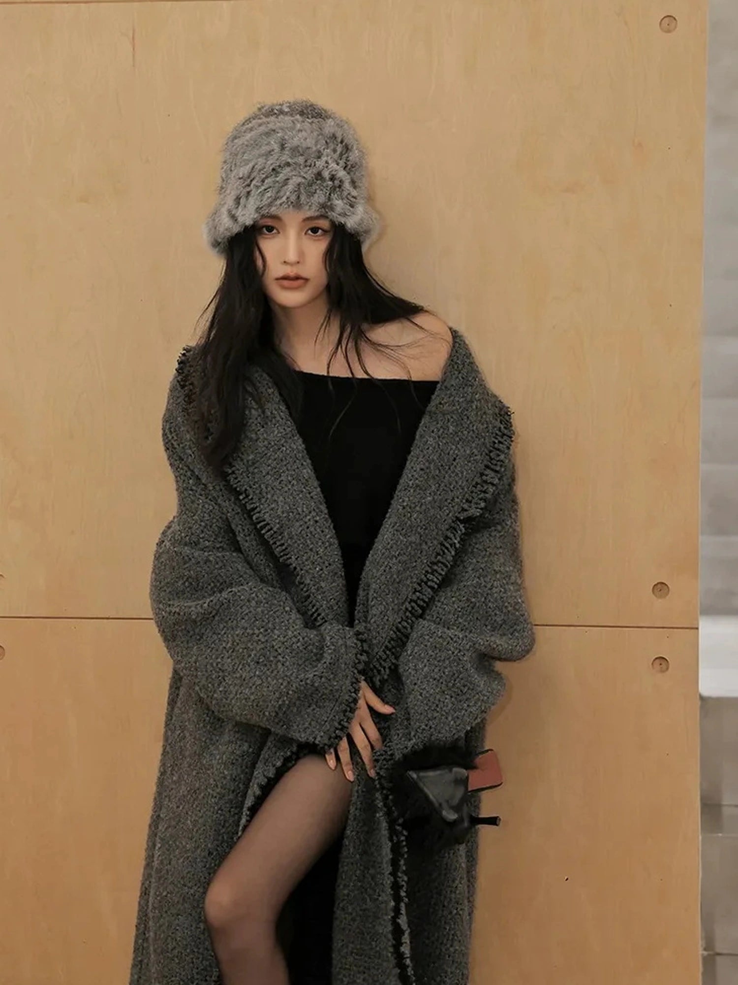 FU FRESH UP Lazy Fringe Wool Blend Long Cardigan Coat