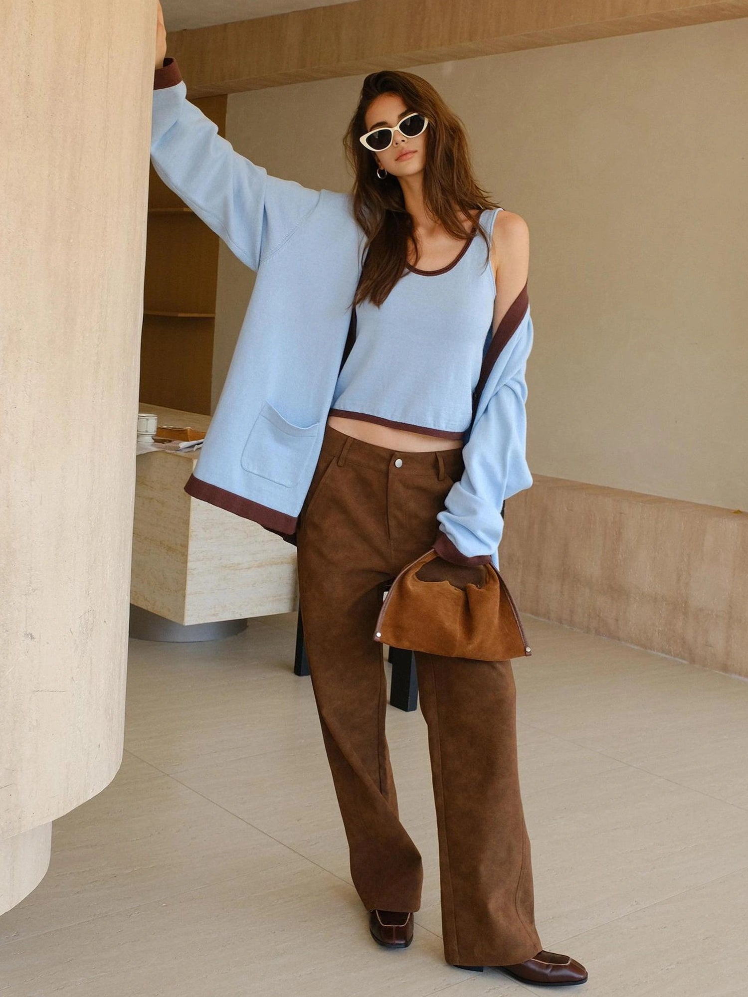 FU FRESH UP Lazy V-neck Cashmere Cotton Knit Set