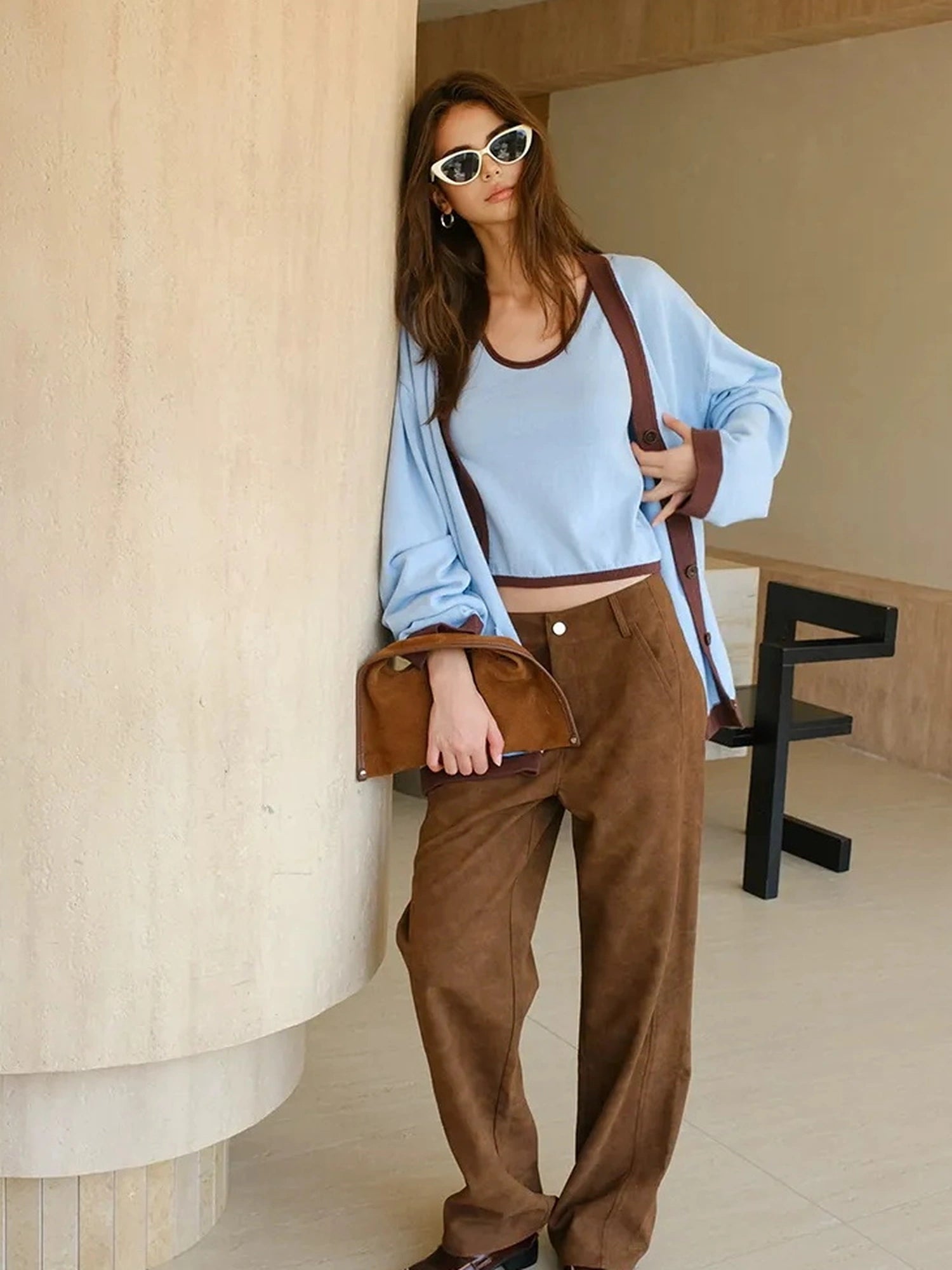 FU FRESH UP Lazy V-neck Cashmere Cotton Knit Set