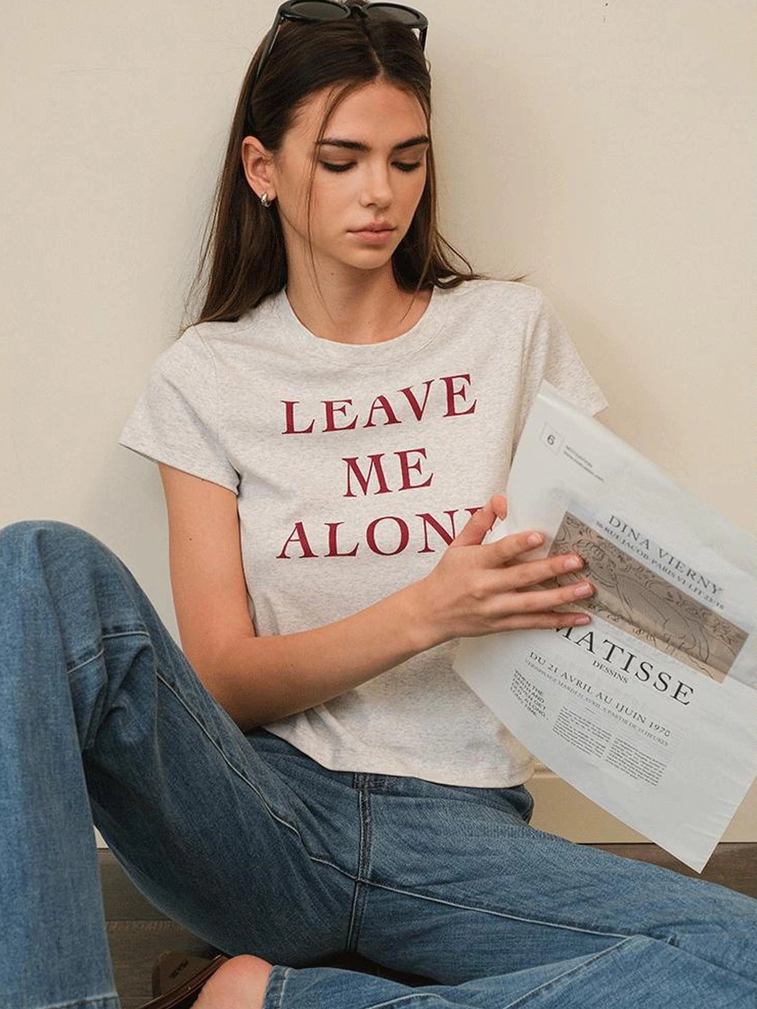 FU FRESH UP Leave Me Alone Slogan Contrast Color Tee V-Neck T-Shirt Long-Sleeve