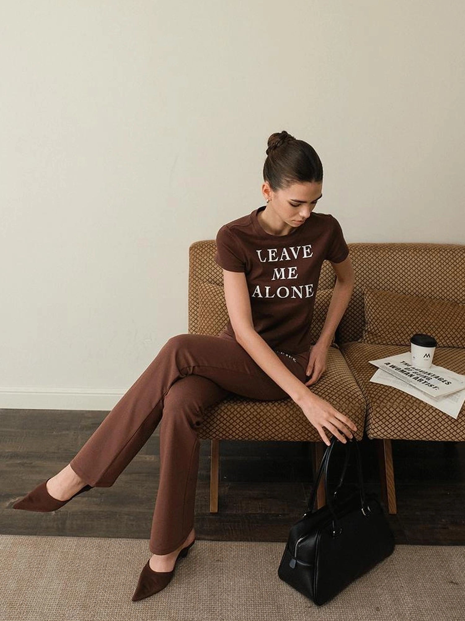 FU FRESH UP Leave Me Alone Slogan Contrast Color Tee V-Neck T-Shirt Long-Sleeve