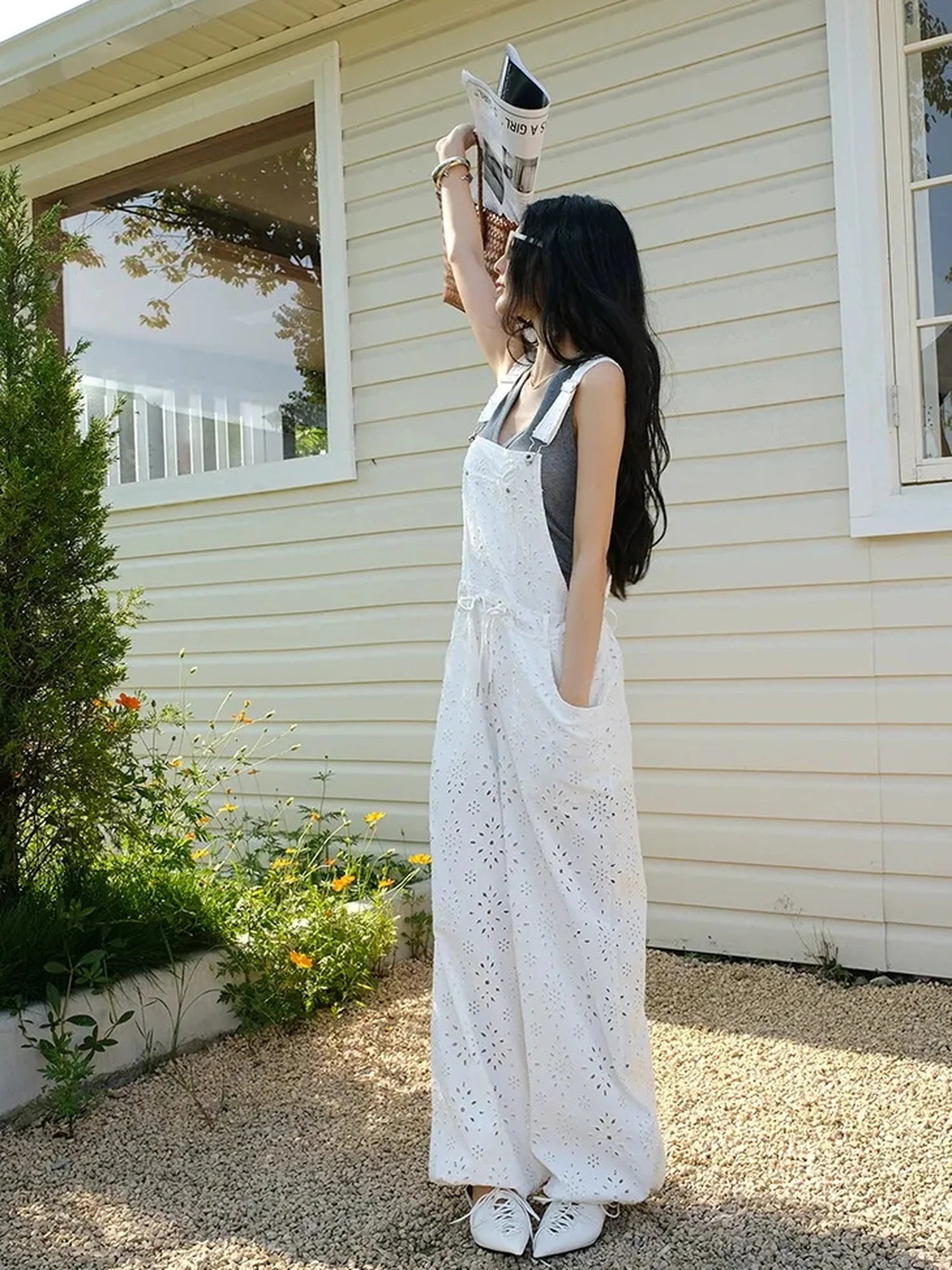 FU FRESH UP Lightweight Embroidered Linen Overalls